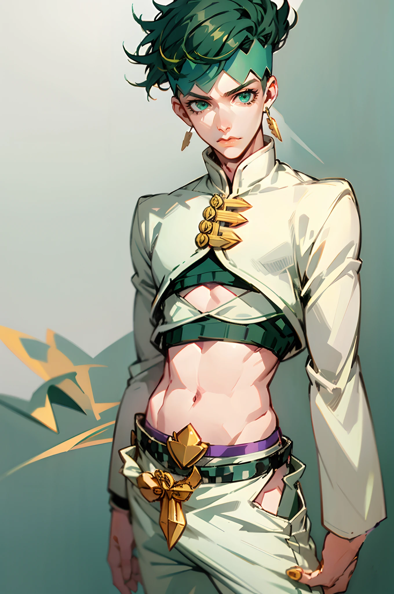 Rohan Kishibe, green hair, short hair, solo, 1boy, jewelry, green eyes, male focus, earrings, midriff, nail polish, headband, cowboy shot
