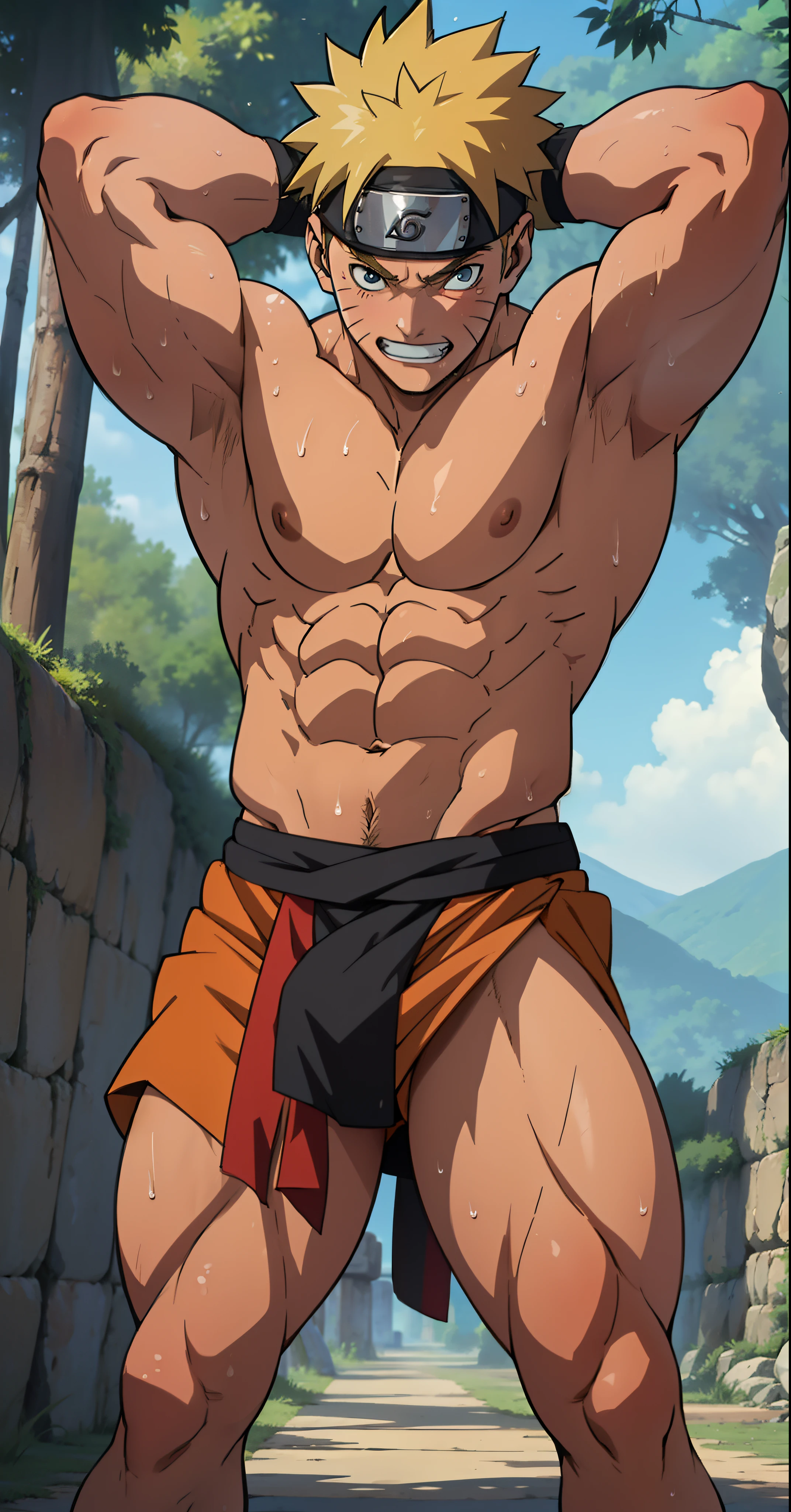 (Full body) boy was shy and blushed (photo subject: Close-up of muscular thigh muscles ) (photo angle from bottom up)(Drawings of Naruto anime) (photo angle from the ground upwards) [Anime photo][highest quality photo][4k,HD photo quality ] wear tight and short loincloths soaking wet,the loincloth bulges due to the erect male genitals  (muscular thigh muscles, firm thigh muscles, muscular thigh muscles, sinewy thigh muscles, giant thigh muscles, strong leg muscles, muscular hamstring leg muscles) ,Uzumaki Naruto fun, happy ,delighted, bodybuilder,bodybuilding, standing, red skin, pink skin, tanned skin,reddish brown skin, lots of sweat flowing down, topless, shirtless, hot sunny, (do not wear banners,do not wear headbands) hands behind head