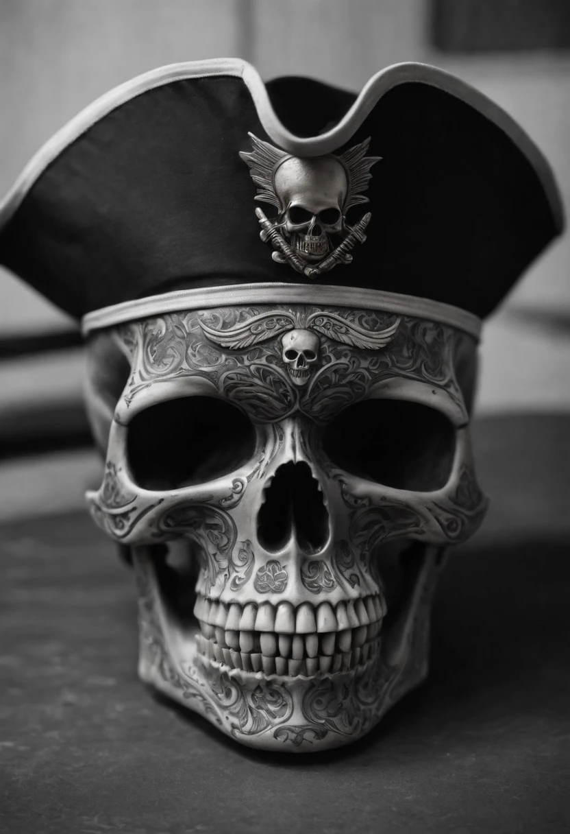 A pirate skull in The artwork showcases intricate black line work resembling a tattoo design sketch."