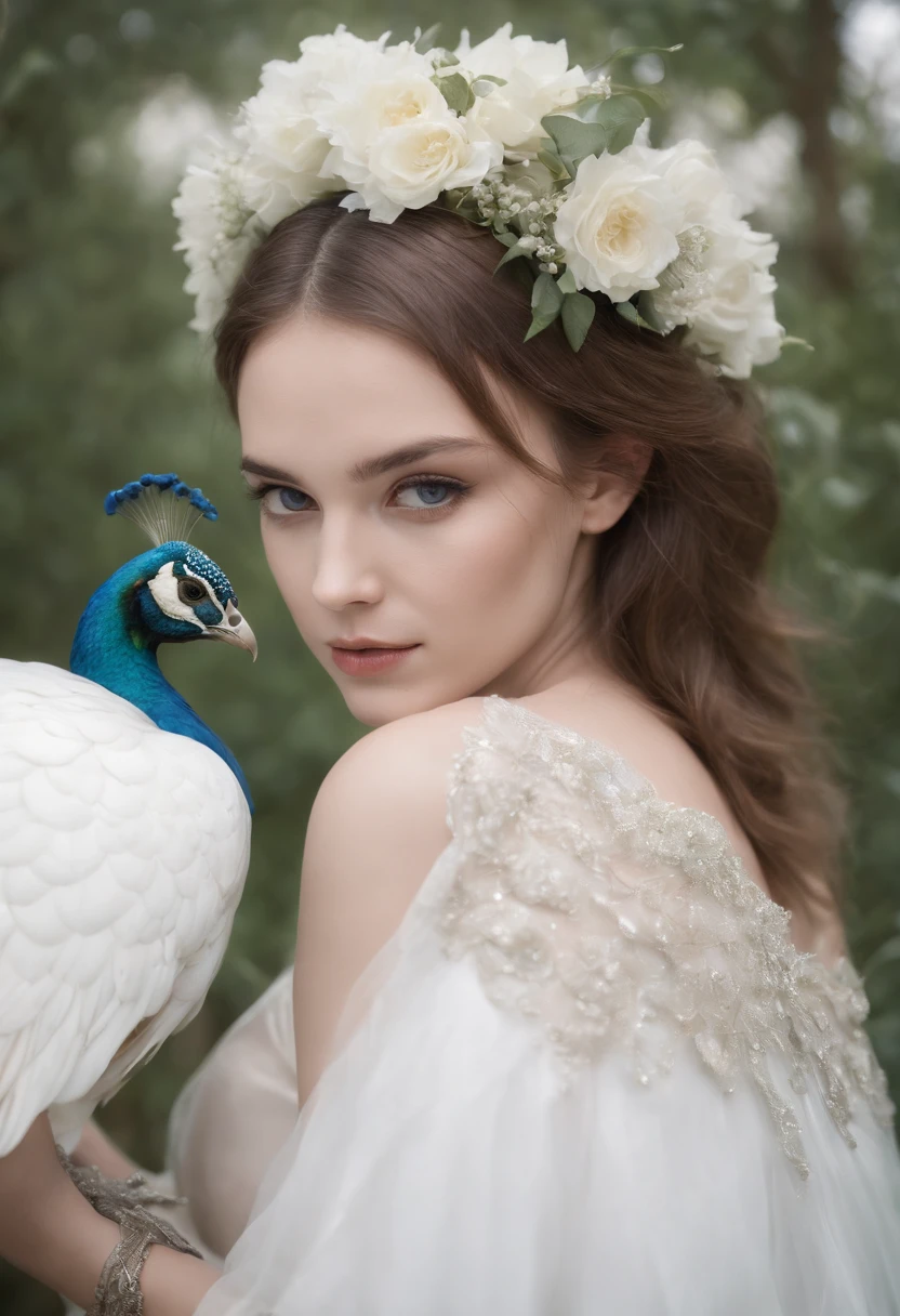 Minimalist Magical realism. An cute Angel and her favorite peacock pal. White Flowers and white skulls., 3d render, conceptual art, portrait photography, wildlife photography, dark fantasy, fashion, cinematic, illustration, painting