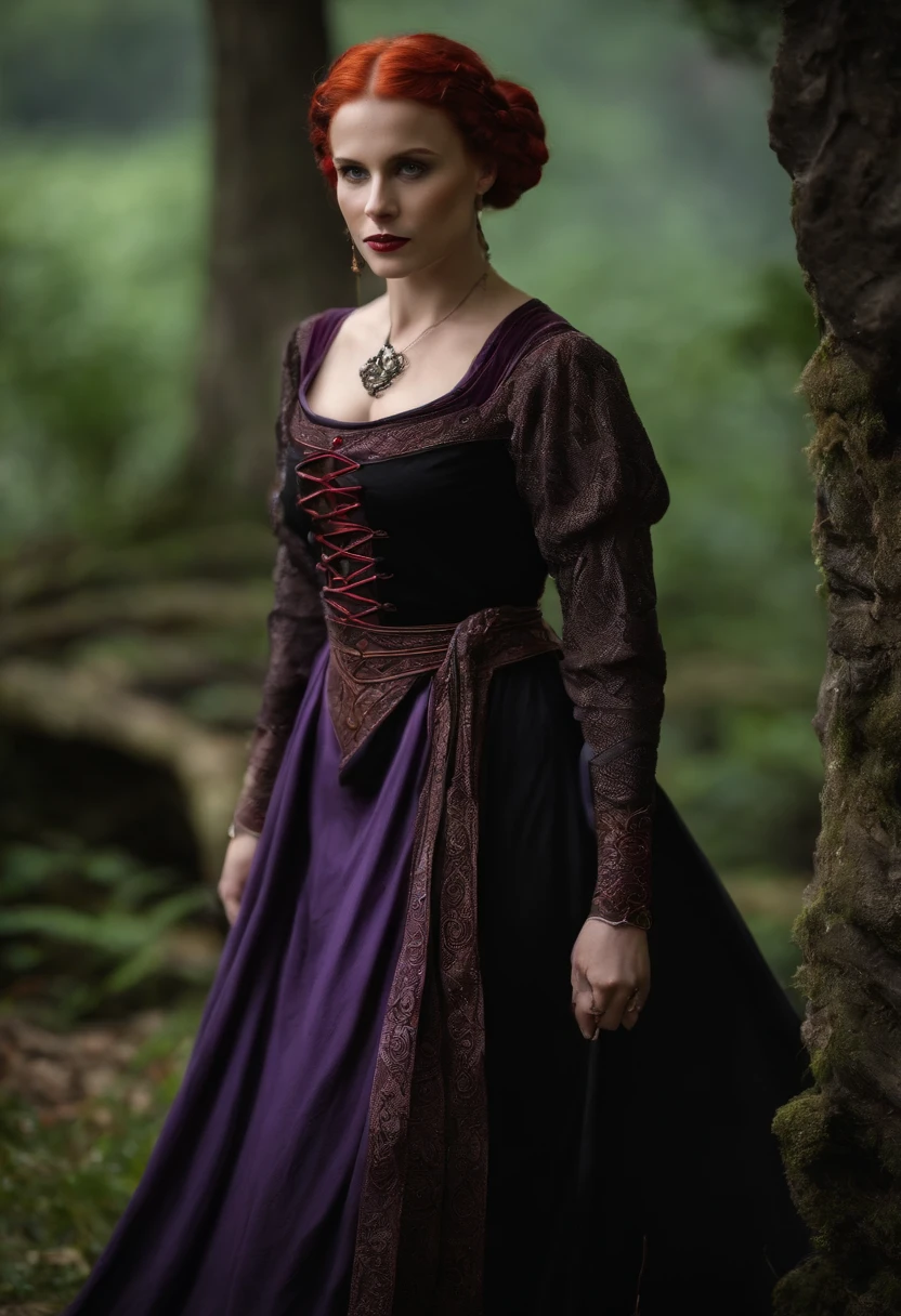 estilo rpg medieval, bruxa bonita de meia-idade, with a short red-gray hair tied behind in a bun, very pale skin, usando um vestido roxo e preto medieval, segurando uma cobra