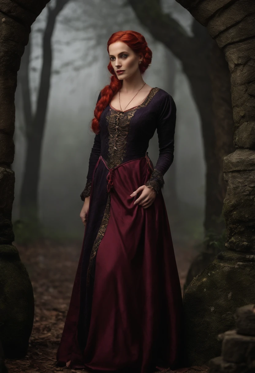 estilo rpg medieval, bruxa bonita de meia-idade, with a short red-gray hair tied behind in a bun, very pale skin, usando um vestido roxo e preto medieval, segurando uma cobra