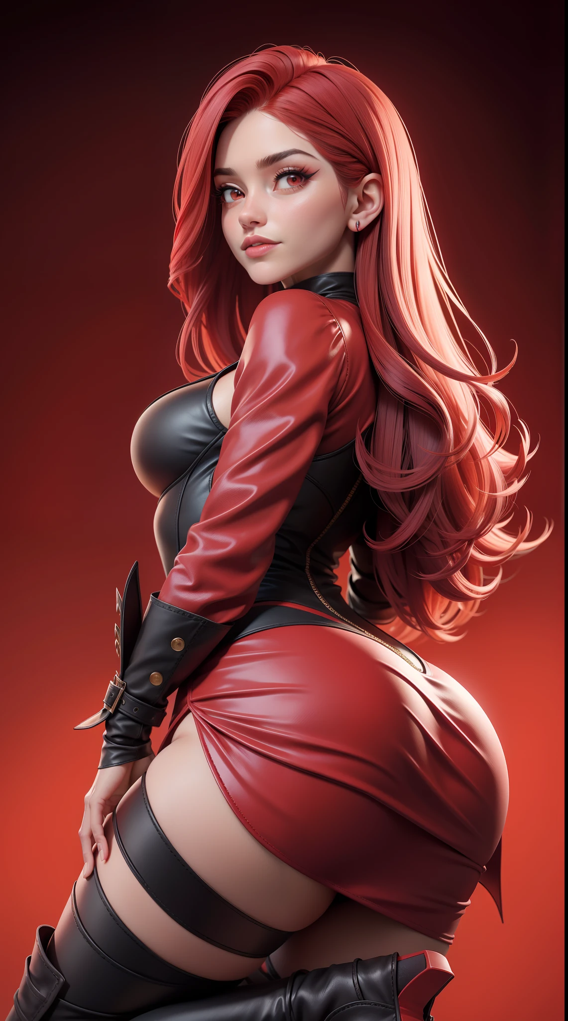 uma mulher, decote, uma mulher com um vestido preto, cabelo logo vermelho, saia curta, botas vermelhas, luvas vermelhas, monocromatico, fundo preto