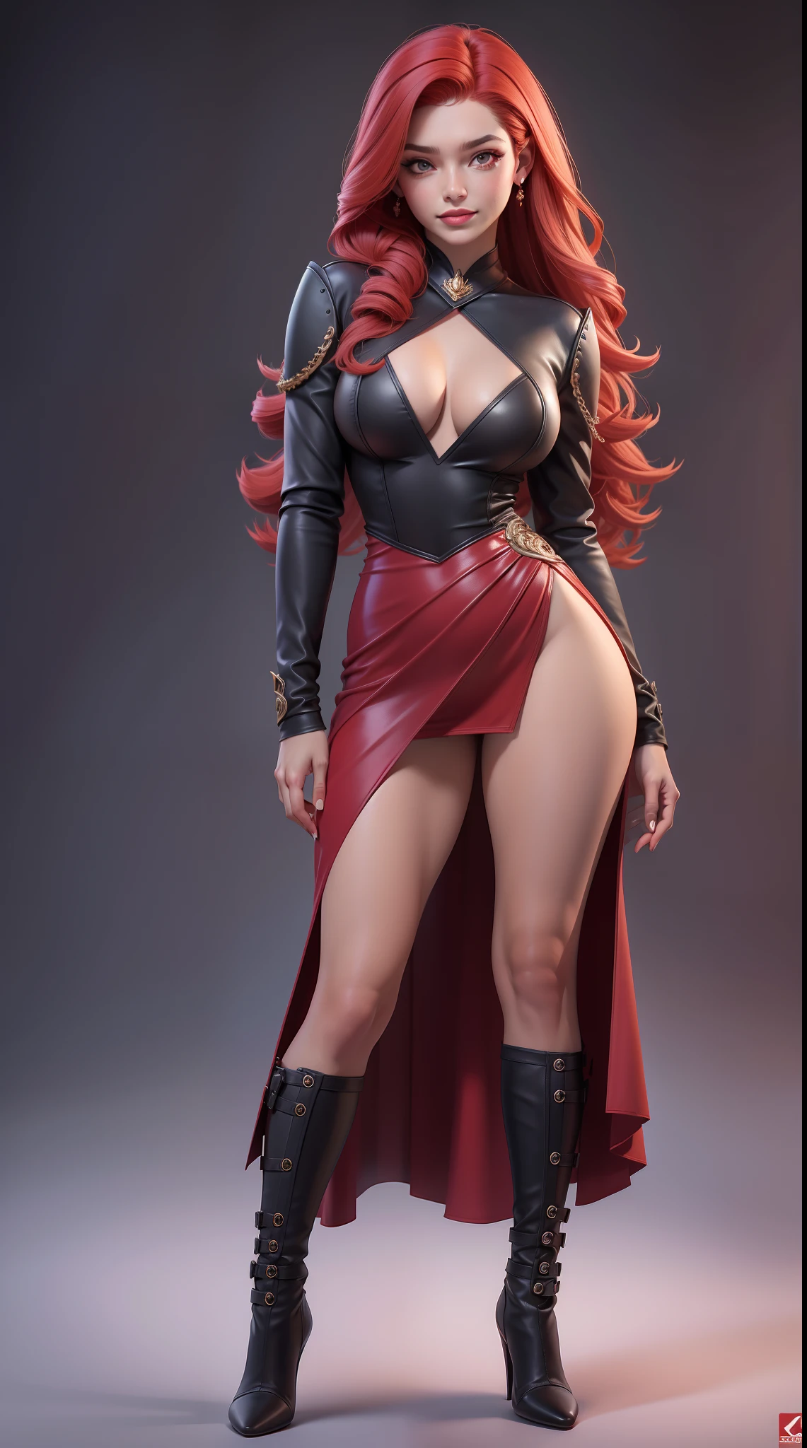 uma mulher, decote, uma mulher com um vestido preto, cabelo logo vermelho, saia curta, botas vermelhas, luvas vermelhas, monocromatico, fundo preto