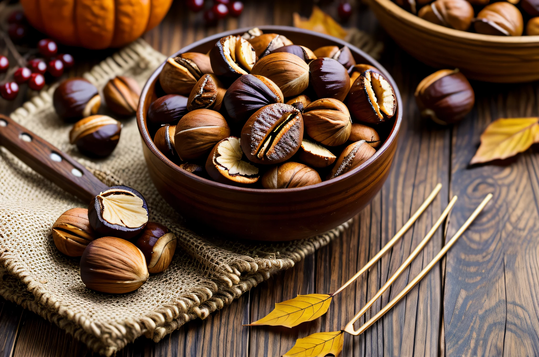 roasted chestnuts,autumn,studio lighting,realistic,best quality,4k,bokeh,vibrant colors,textures,crisp,rich aroma,warm,golden brown,fragrant,crackling sound,fall foliage,seasonal snack,traditional treat,roasting pan,crispy shell,soft and tender inside,twisting tendrils of steam,warm hands on a chilly day,delicious indulgence,seasonal delight