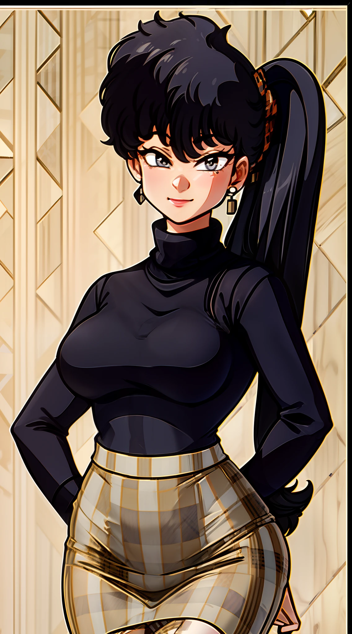 8k, highres, ultra detailed, (masterpiece:1.4), best quality, symmetrical body, KodachiKunou, (black roll-neck sweter:1.4), (beige pencil skirt with plaid pattern:1.4), choker, cute, solo, earrings, long hair, dark black hair, grey eyes, glow effect, finely eye, grinning, wide smile, detailed face, looking at viewer, smilling at viewer, office, standing, angled view, big breasts, teasing, seductive look