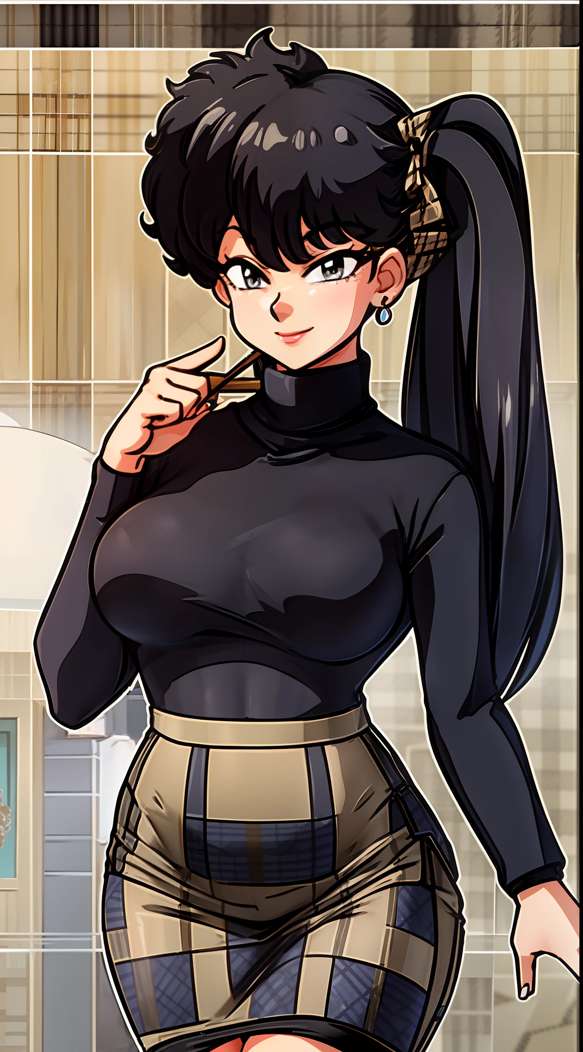 8k, highres, ultra detailed, (masterpiece:1.4), best quality, symmetrical body, KodachiKunou, (black roll-neck sweter:1.4), (beige pencil skirt with plaid pattern:1.4), choker, cute, solo, earrings, long hair, dark black hair, grey eyes, glow effect, finely eye, grinning, wide smile, detailed face, looking at viewer, smilling at viewer, office, standing, angled view, big breasts, teasing, seductive look