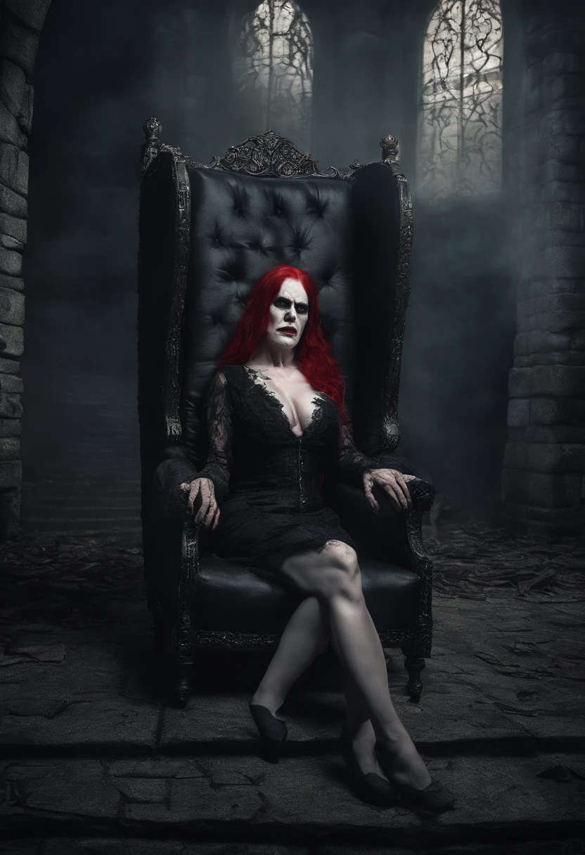 Ultra realistic sexy 67 year old lady who lives in Dracula's castle in Transylvania, she has red hair, green eyes, vampire teeth stained with blood, an evil look with the smile of the devil, she has very big breasts, she dresses in a red bra and lingerie, shoes with stiletto heels, pale skin, big legs and huge calves, she has a lot of fat all over her body and is sitting on a vampire chair outside dracula's castle