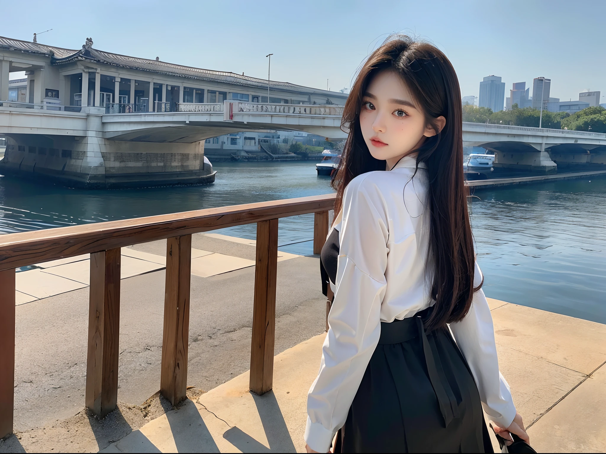​masterpiece、top-quality)、1 beutiful girl、Slim body、((Black and white plain clothes:1.1))、(Detailed beautiful eyes)、In the Han River、Face similar to Chaewon in Le Selefim、((Boyish Brown Medium Hair))、((Smaller face))、((Neutral face))、((Light brown eyes))、((Korean Girl))、((18year old))、((cool lady))、((Embarrassed expression))、((Korean Makeup))、((elongated and sharp eyes))、((Happy dating))、((boyish))、((She is walking in front of the viewer))、((Looking at the sky))、((Looking Up))、((shot from back))