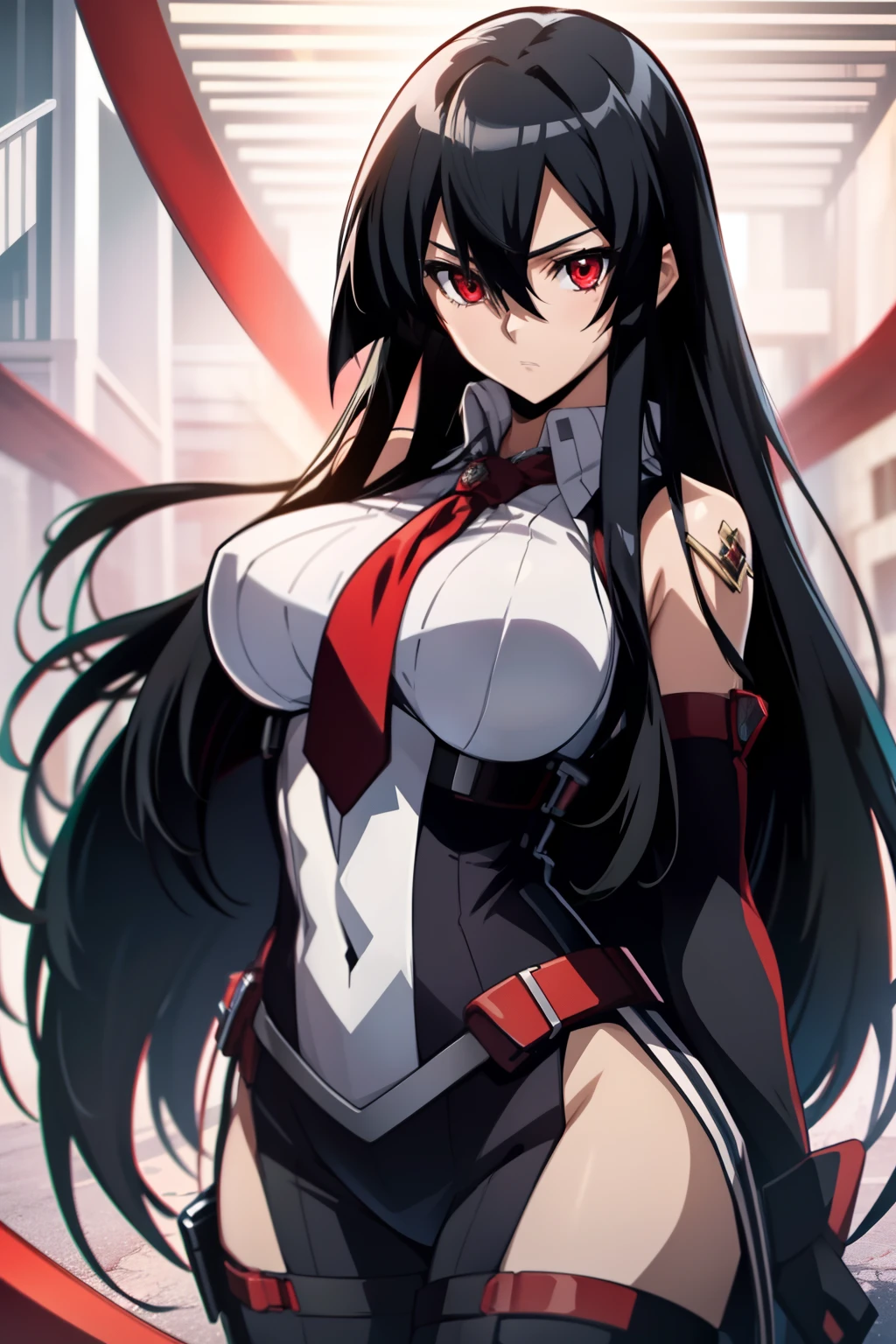 masterpiece, best quality, akame (akame ga kill!), full body, 1girl, solo, long hair, black hair, red eyes, necktie, very long hair, looking at viewer, gloves, breasts