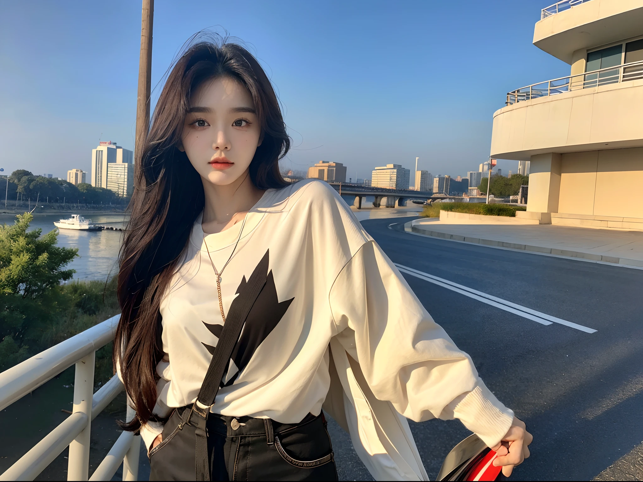 ​masterpiece、top-quality)、1 beutiful girl、Slim body、((Black and white plain clothes:1.1))、(Detailed beautiful eyes)、In the Han River、Face similar to Chaewon in Le Selefim、((Boyish Brown Medium Hair))、((Smaller face))、((Neutral face))、((Light brown eyes))、((Korean Girl))、((18year old))、((cool lady))、((Embarrassed expression))、((Korean Makeup))、((elongated and sharp eyes))、((Happy dating))、((boyish))、((She is walking in front of the viewer))、((Looking at the sky))、((Looking Up))、((shot from back))