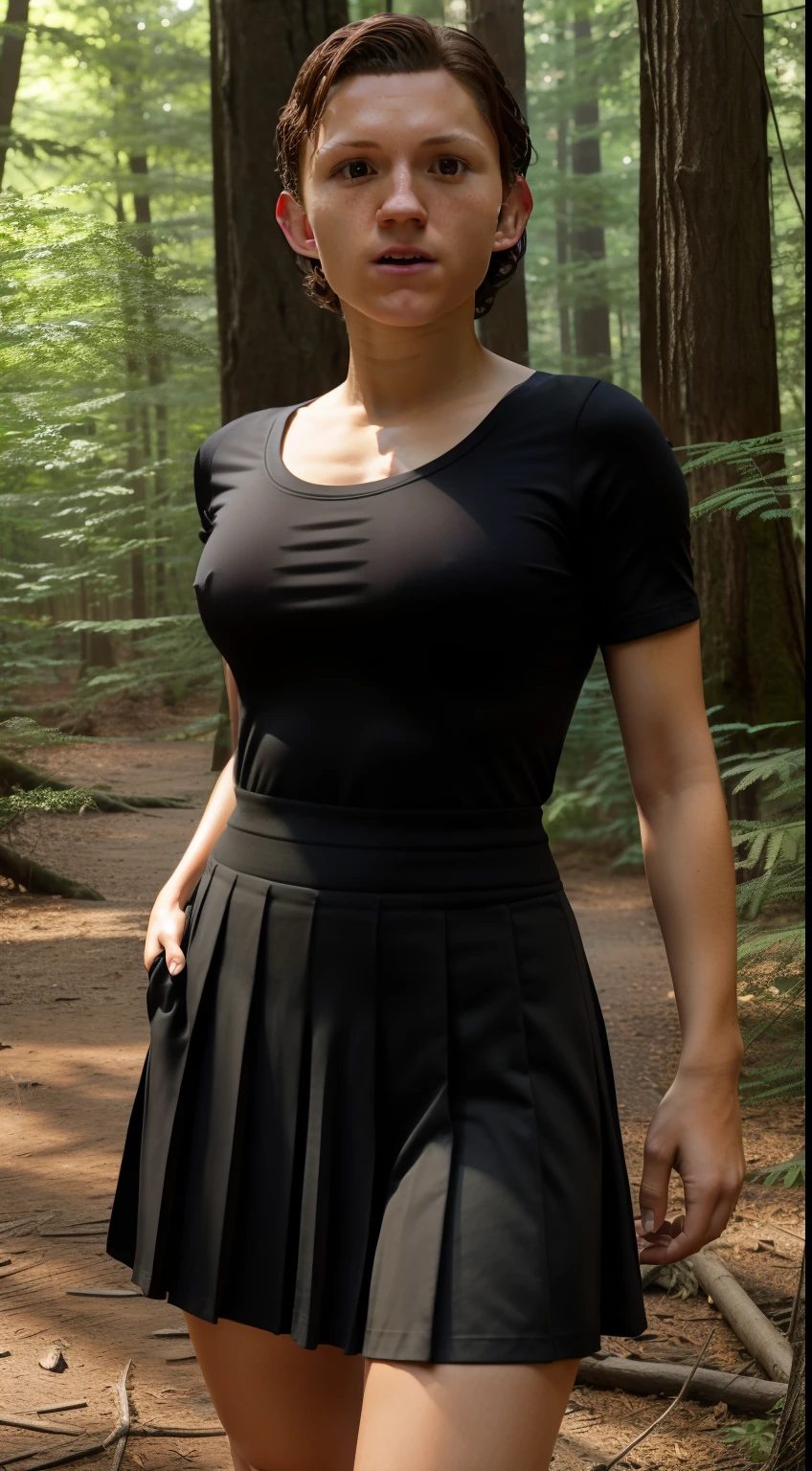 ((1Tom Holland)), large loose t-shirt, pleated skirt, black tights to the waist, high heels, close-up thighs to face, female body, full body photo, swollen nipples, very fair skin, short hair, wavy hair, camp, forest, photorealistic, indirect lighting, volumetric light, ray tracing, hyperdetailed