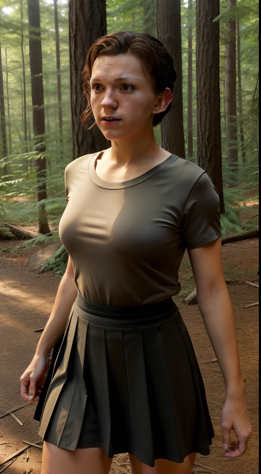 ((1Tom Holland)), large loose t-shirt, pleated skirt, black tights to the waist, high heels, close-up thighs to face, female body, full body photo, swollen nipples, very fair skin, short hair, wavy hair, camp, forest, photorealistic, indirect lighting, volumetric light, ray tracing, hyperdetailed