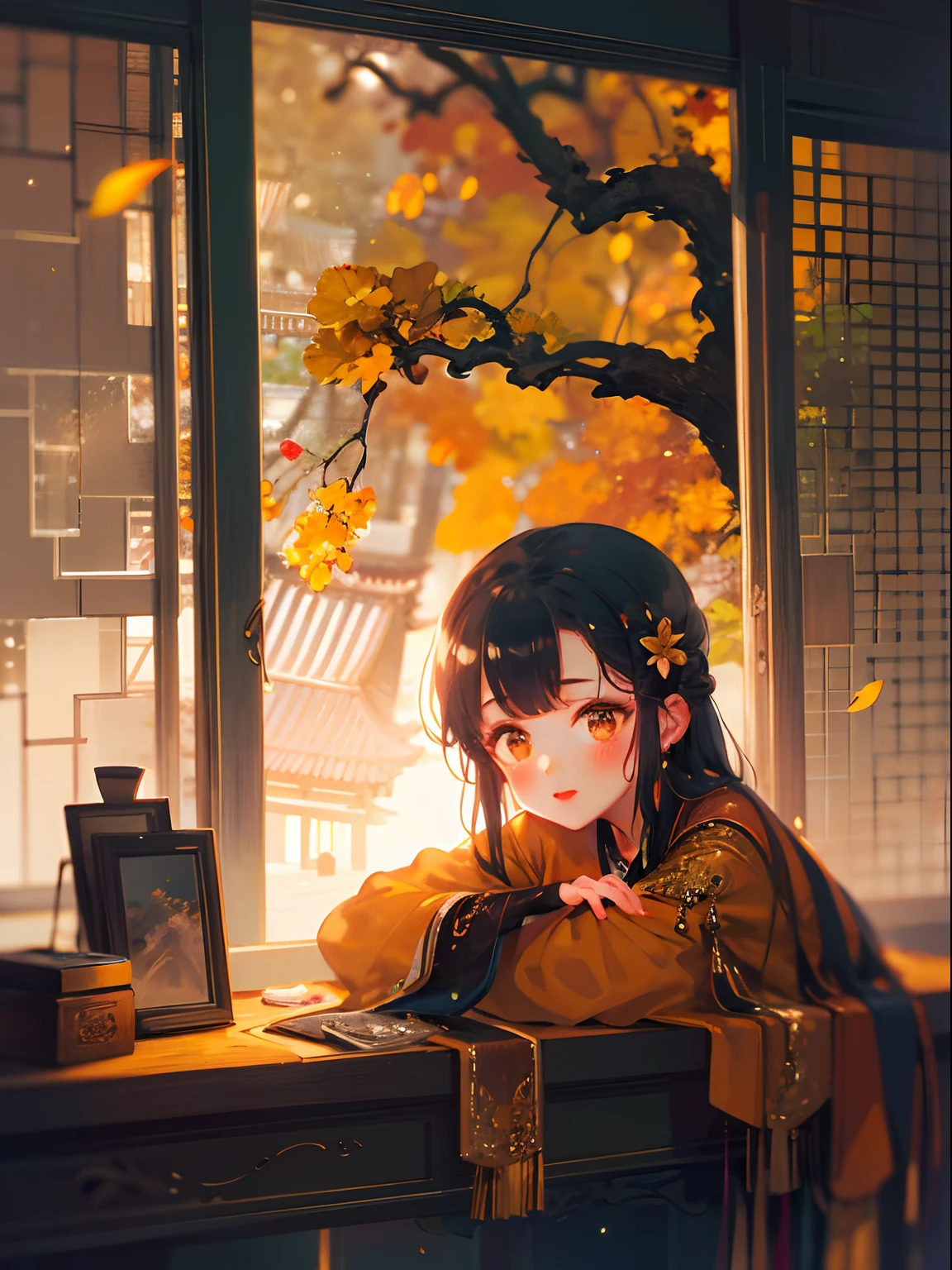 masterpiece, best quality, extremely detailed, detailed background, detailed face, 1woman, adult, solo, black hair, blush, long hair, scenery, atmospheric lighting, light rays, bokeh, depth of field, sparkle, red lips, child,  branch, flower, jewelry, light smile, wide sleeves, glowing, autumn, tree, , table, outdoors, plant, sliding doors, east asian architecture, falling leaves