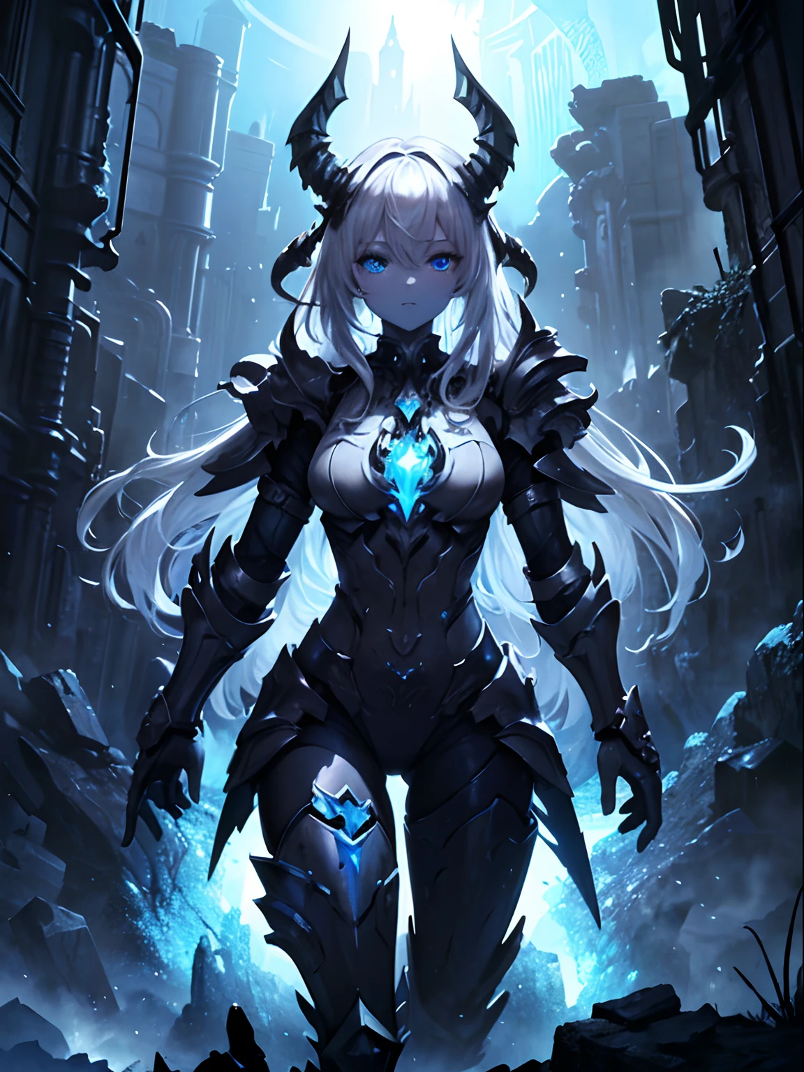 1girl ,white hair,blue eyes, pale skinned beast, white dragon, dragon horns, polar, ice knight , heavy armor,  nice clothes, archer, (high resolution, high detail, best quality), calm, big breasts