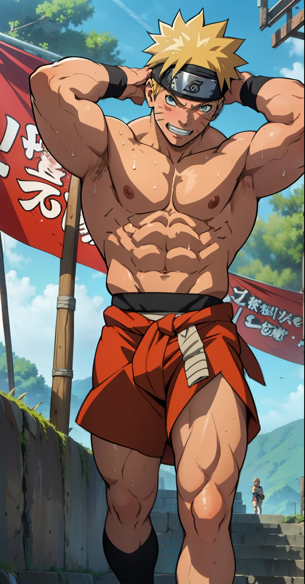 (Full body) boy was shy and blushed (photo subject: Close-up of muscular thigh muscles ) (photo angle from bottom up)(Drawings of Naruto anime) (photo angle from the ground upwards) [Anime photo][highest quality photo][4k,HD photo quality ] wear tight and short loincloths soaking wet,the loincloth bulges due to the erect male genitals  (muscular thigh muscles, firm thigh muscles, muscular thigh muscles, sinewy thigh muscles, giant thigh muscles, strong leg muscles, muscular hamstring leg muscles) ,Uzumaki Naruto fun, happy ,delighted, bodybuilder,bodybuilding, standing, red skin, pink skin, tanned skin,reddish brown skin, lots of sweat flowing down, topless, shirtless, hot sunny, (do not wear banners,do not wear headbands) hands behind head