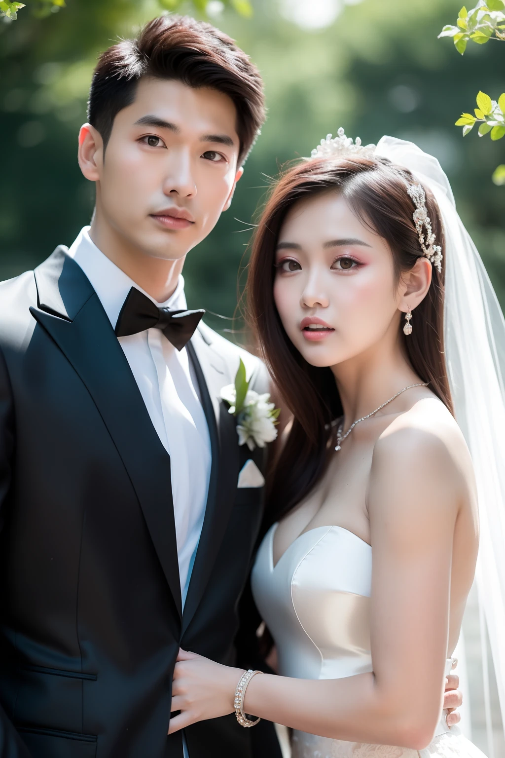 Novios posando para una foto en un parque, & Jeehyung Lee & WLOP, Foto de boda, Pareja encantadora, Cara hermosa y cara hermosa, Toma de retrato, Boda de lujo, Novios, Ruan Jia y Brom, Ruan Jia y Fenghua Zhong, Toma de retrato en primer plano, Yanjun Chengt, boda