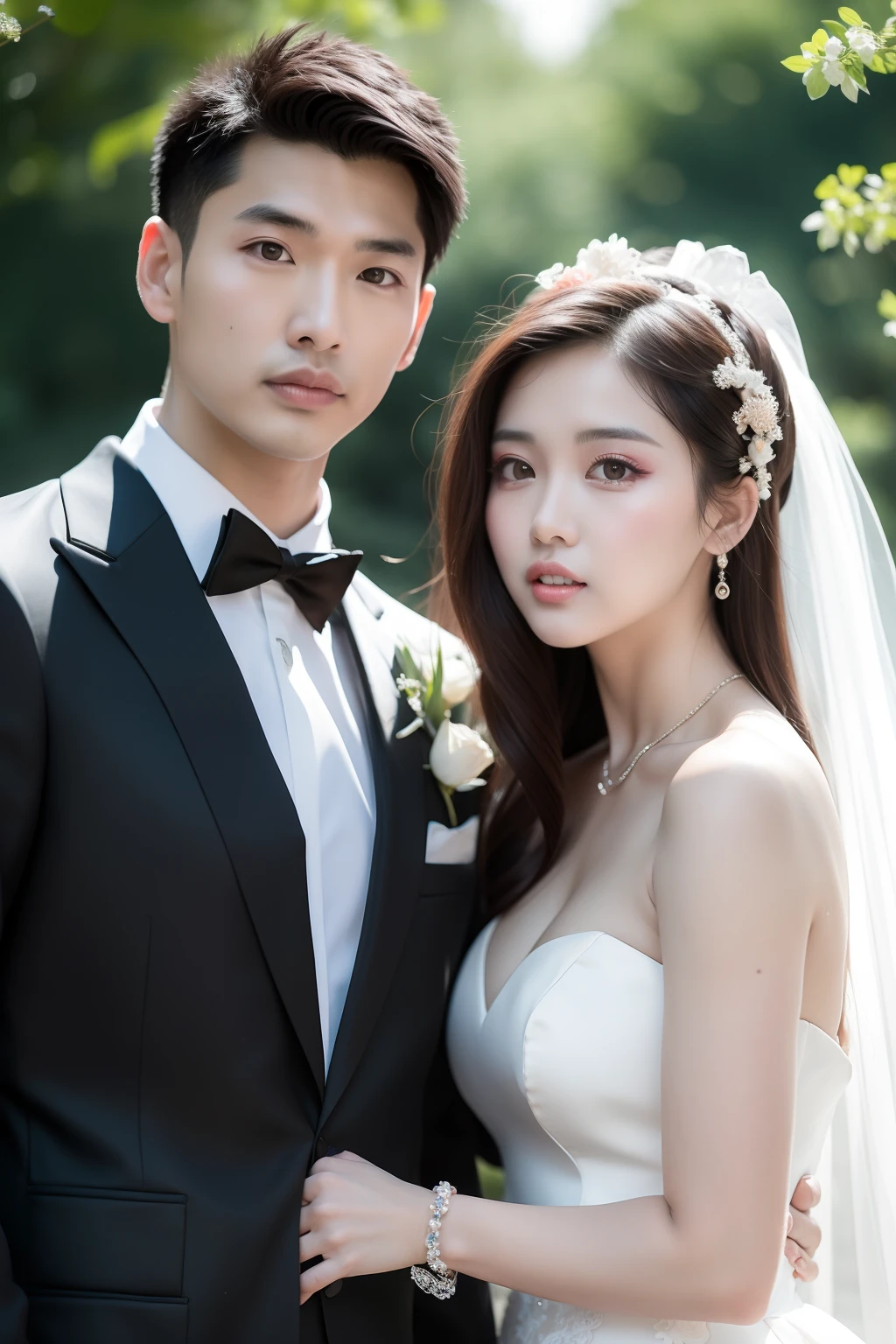 Novios posando para una foto en un parque, & Jeehyung Lee & WLOP, Foto de boda, Pareja encantadora, Cara hermosa y cara hermosa, Toma de retrato, Boda de lujo, Novios, Ruan Jia y Brom, Ruan Jia y Fenghua Zhong, Toma de retrato en primer plano, Yanjun Chengt, boda