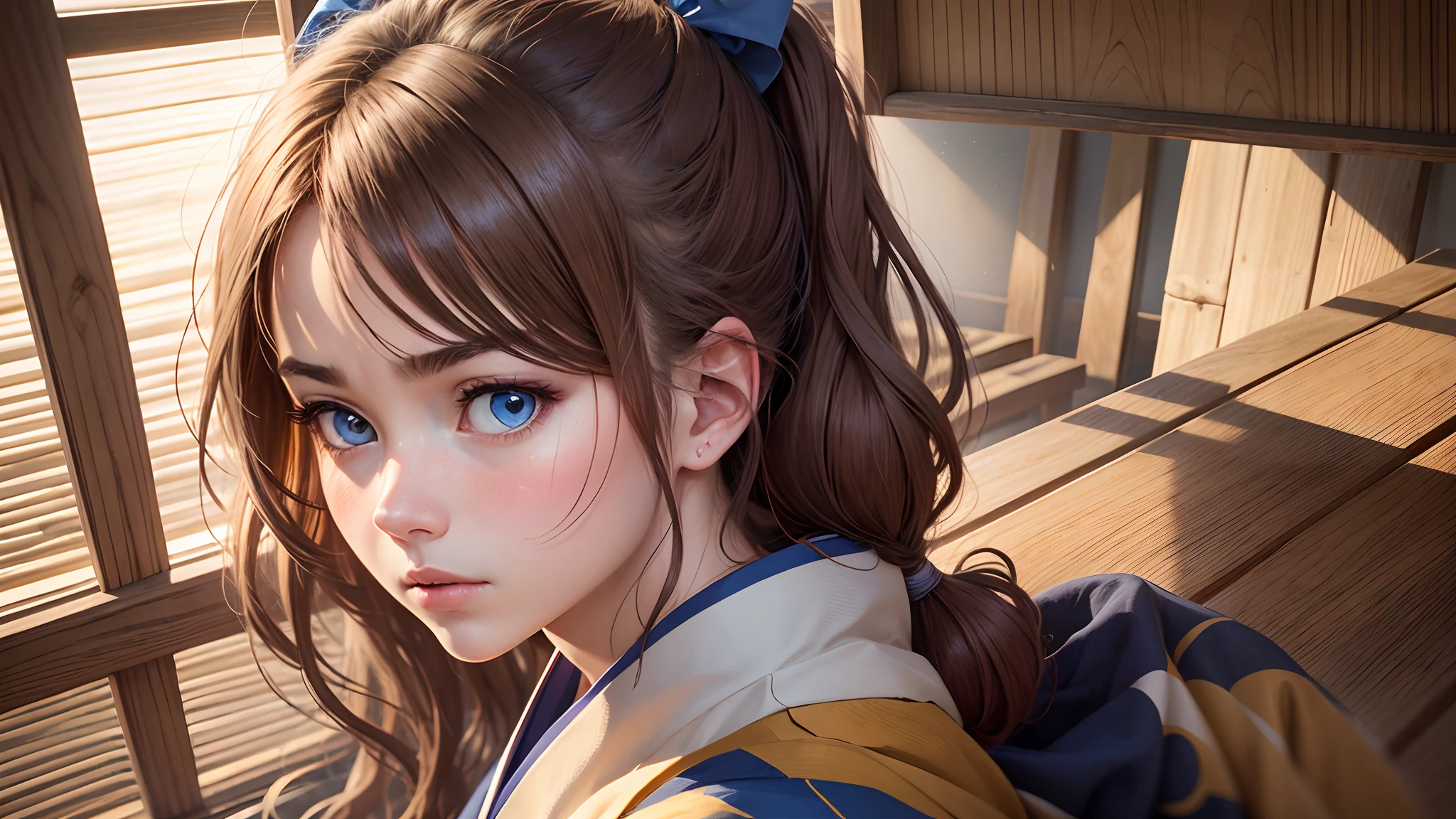 Realistic anime-style portrait of a determined young girl with chestnut brown hair in a ponytail, exhaustion in her blue eyes, timeworn kimono, holding a battered wooden katana, dojo background with aged wooden beams and tatami mat flooring, soft filtered light --auto --s2
