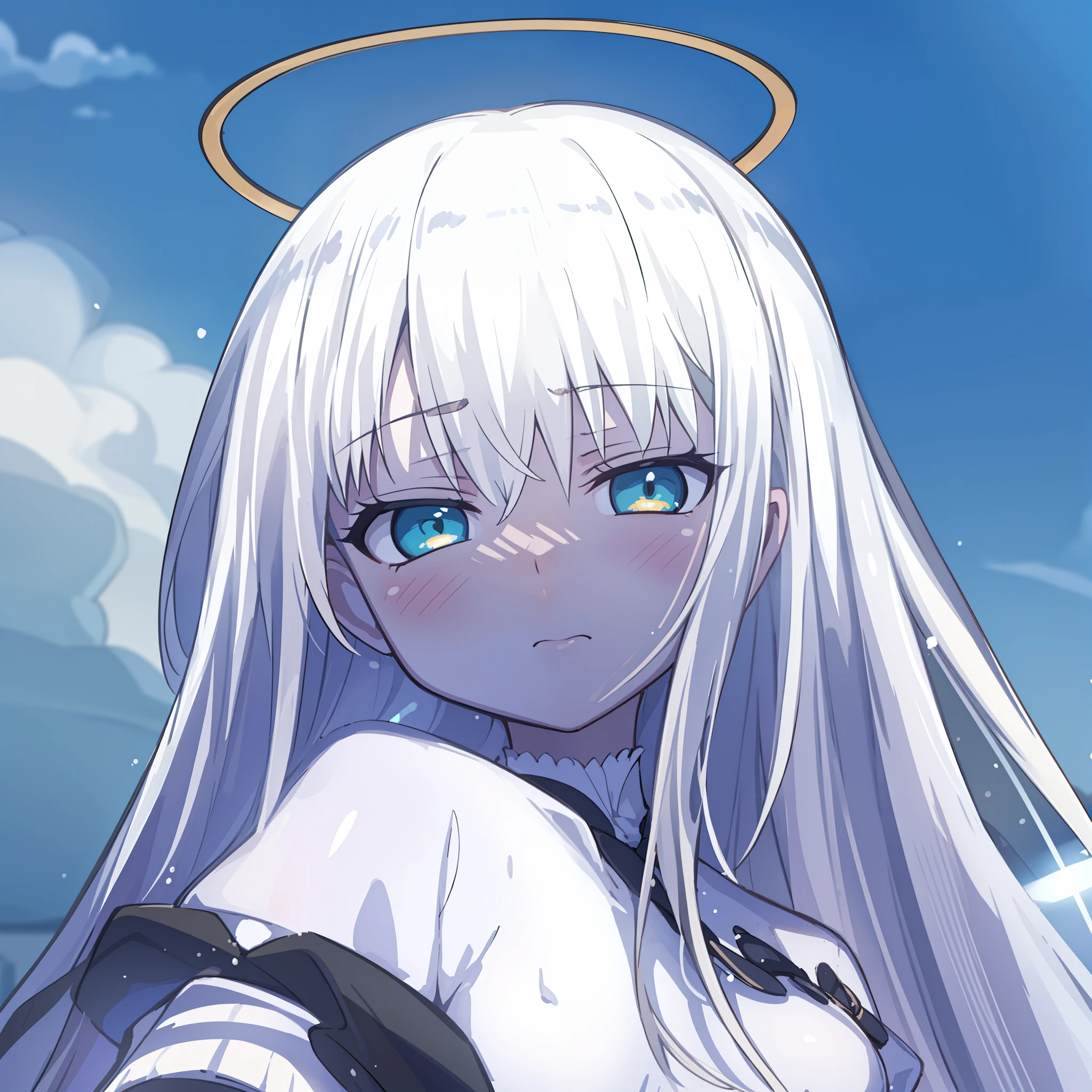 hiquality, tmasterpiece (one girls) Angel. golden halo. Cyan eyes. snow-white hair. pale skin. indifferent face. whitedress. Against the background of the sky