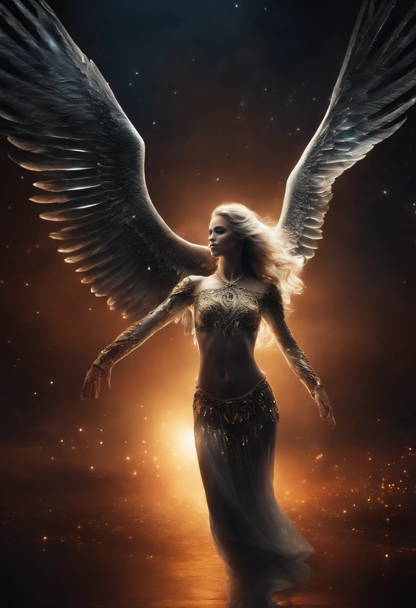 cosmic fallen angel, olhos claros brilhantes, Biomechanicals, estranho, assustador, Pesadelo, cores muito brilhantes, light particles, com luz brilhante, Mshiff, Arte do papel de parede, Papel de parede UHD