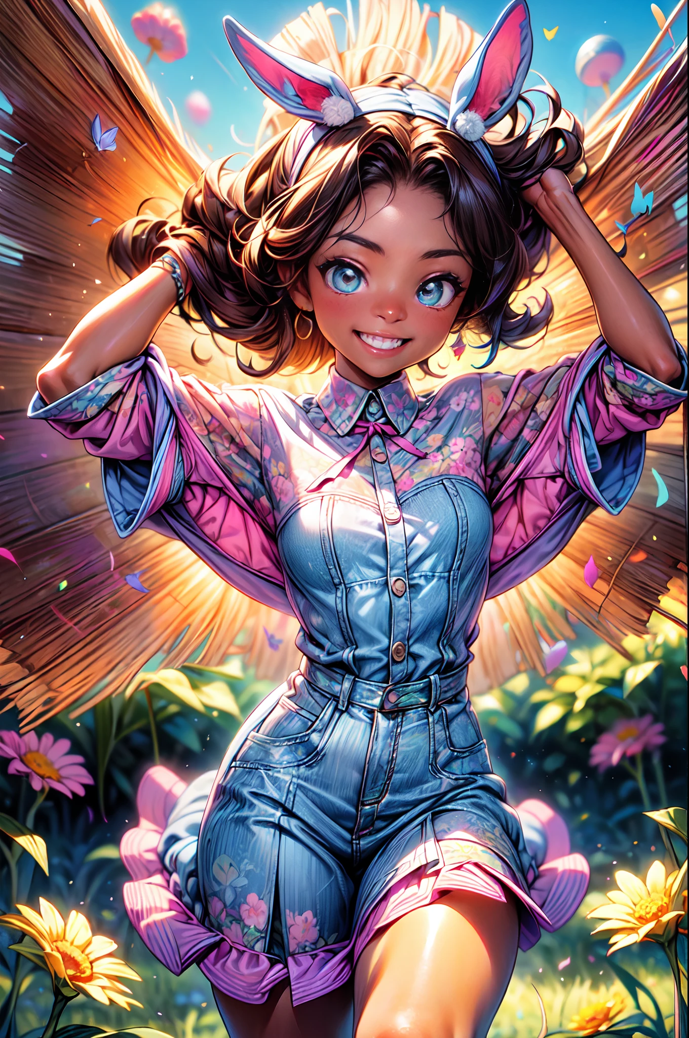 La mejor calidad, hermoso brillo detallado, ambient-occlusion, Luz ambiental, Reflejos trazados por rayos, Aura brillante, plano amplio, una feliz, A smiling 18-year-old brown-skinned girl running alongside a white rabbit across the prairie on a sunny day with the wind blowing, Short two-part dress with warm colored floral motifs and colorful flying flowers found throughout the meadow, muy colorido.