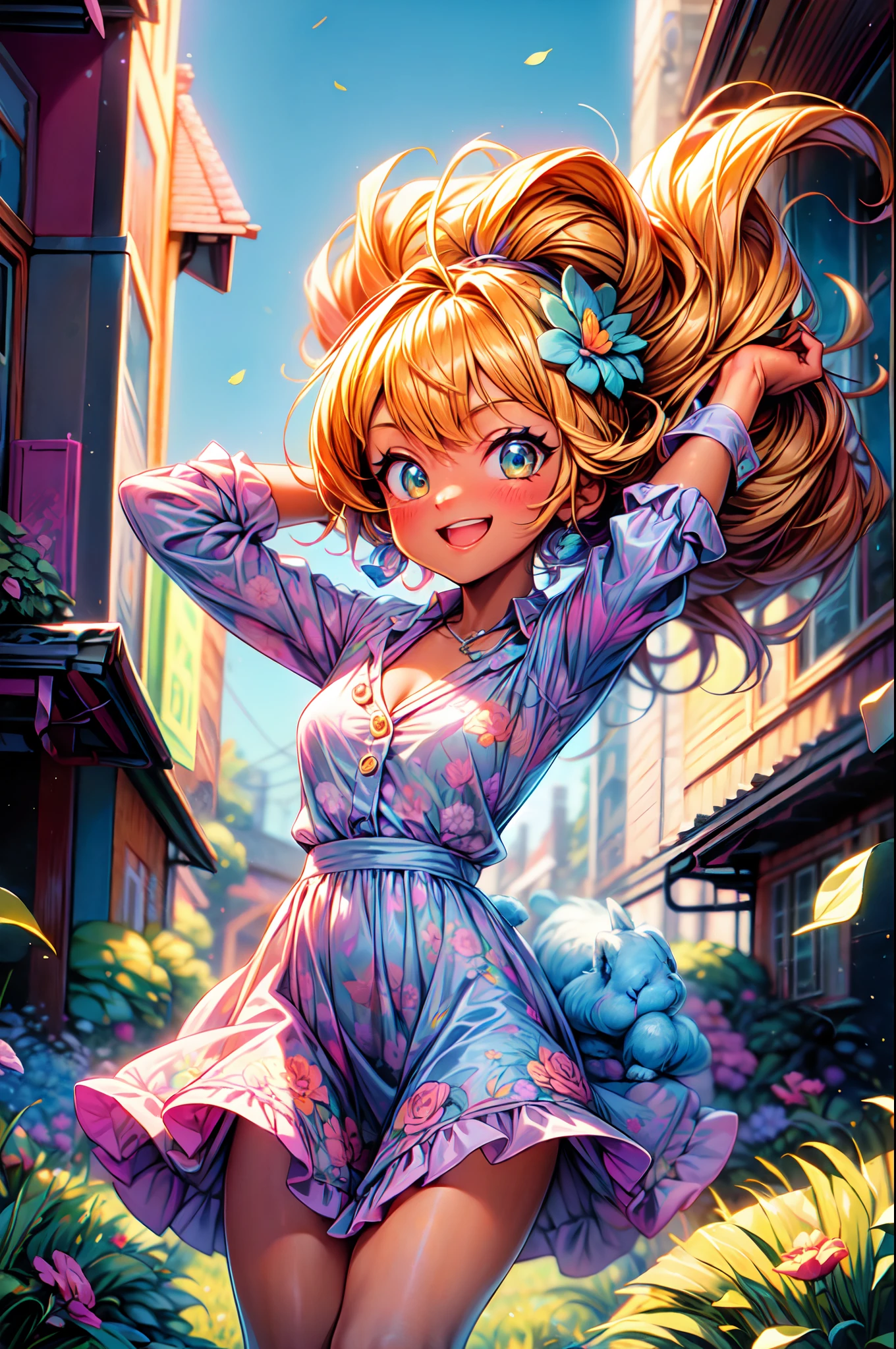 La mejor calidad, hermoso brillo detallado, ambient-occlusion, Luz ambiental, Reflejos trazados por rayos, Aura brillante, plano amplio, una feliz, A smiling 18-year-old brown-skinned girl running alongside a white rabbit across the prairie on a sunny day with the wind blowing, Short two-part dress with warm colored floral motifs and colorful flying flowers found throughout the meadow, muy colorido.