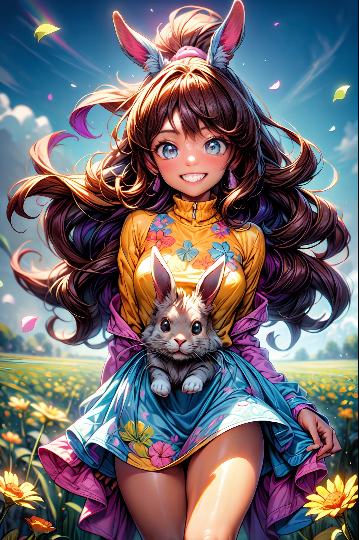 La mejor calidad, hermoso brillo detallado, ambient-occlusion, Luz ambiental, Reflejos trazados por rayos, Aura brillante, plano amplio, una feliz, A smiling 18-year-old brown-skinned girl running alongside a white rabbit across the prairie on a sunny day with the wind blowing, Short two-part dress with warm colored floral motifs and colorful flying flowers found throughout the meadow, muy colorido.