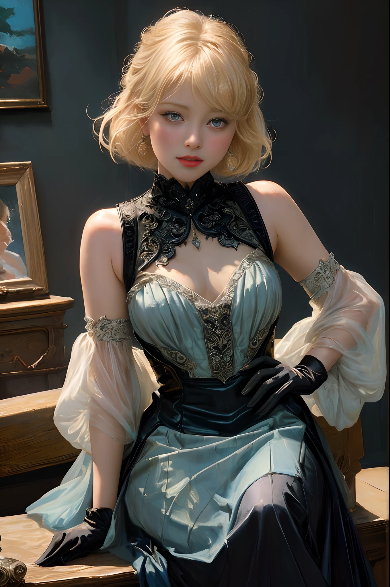 Top image quality、masterpiece、Thick painting of oil painting、Leyendecker's style、Beautiful fair-skinned girl、Fantasia、the eyes are a little small、The iris is blue、Cute little face、a small face、Light makeup、Blonde shortcuts、tiny chest、Full length portrait of a seated figure、Black Gloves、gothic dress、long skirt、Forest in the background、rivulets、borgar、The dragon、thirds rule