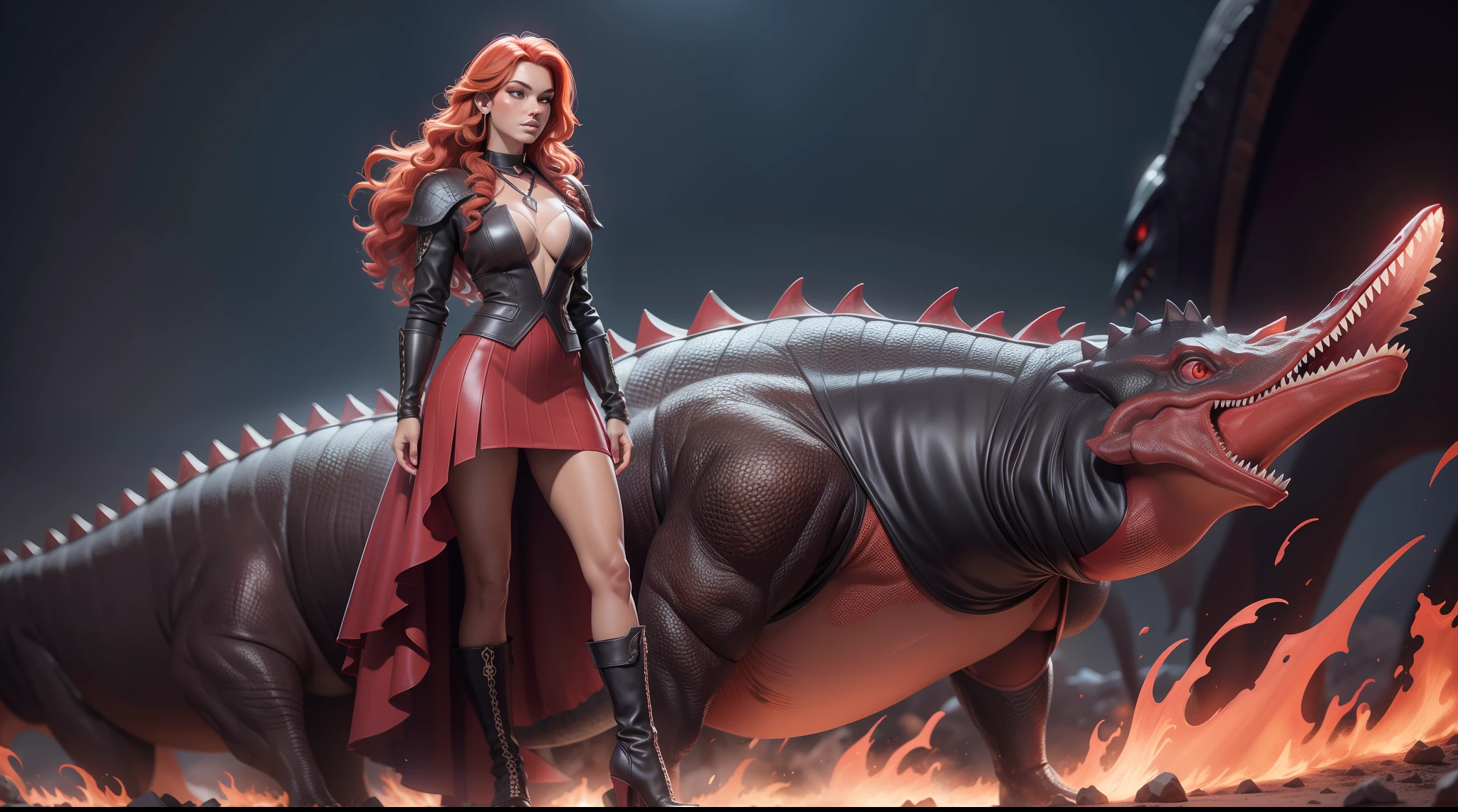 uma mulher, decote, uma mulher com um vestido preto, cabelo logo vermelho, saia curta, botas vermelhas, luvas vermelhas, monocromatico, fundo preto, dynamic, action, dinossauro, tiranossauro rex, jurassic park