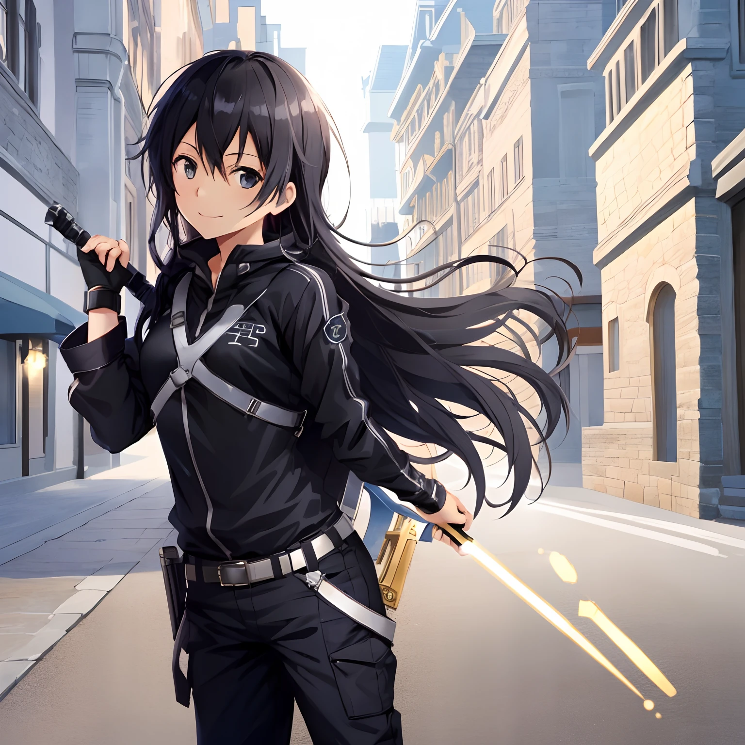 1girl, girl, female kirito, looking at viewer, standing, cowboy shot, full body, pants, black clothing, smiling, ultra-detailed, castle, breasts, long hair, high res