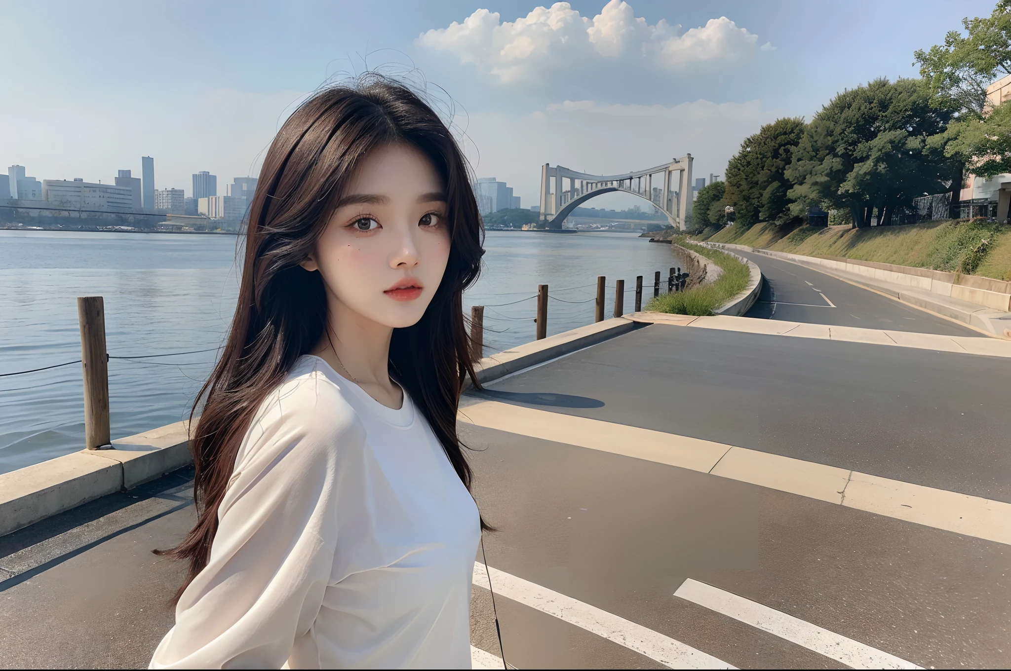 masterpiece、top-quality)、1 beutiful girl、Slim body、((Black and white plain clothes:1.1))、(Detailed beautiful eyes)、In the Han River、Face similar to Chaewon in Le Selefim、((Boyish Brown Medium Hair))、((Smaller face))、((Neutral face))、((Light brown eyes))、((Korean Girl))、((18year old))、((cool lady))、((Embarrassed expression))、((Korean Makeup))、((elongated and sharp eyes))、((Happy dating))、((boyish))、((She is walking in front of the viewer))、((Looking at the sky))、((Looking Up))、((shot from back))