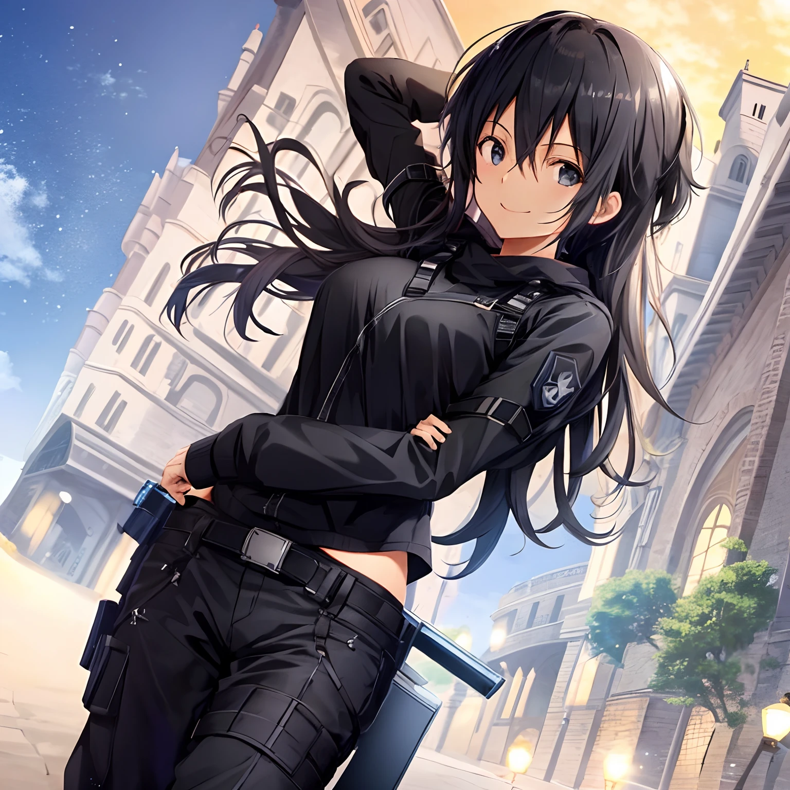 1girl, girl, female kirito, looking at viewer, standing, cowboy shot, full body, pants, black clothing, smiling, ultra-detailed, castle, breasts, long hair, high res