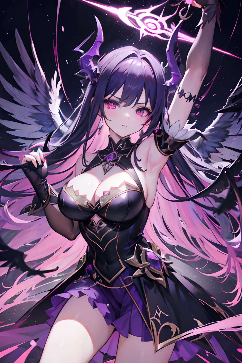 Gewitter, finstere Nacht, Angry young goddess of evil in a sparkling dark red and purple fantasy demon dress with wings and horns floats in the storm, In her hand she holds a black spear, ihre Augen leuchten dunkel lila, dark purple huge flashing wings, grelle Flammen und Funken, Anime Goddess of Evil, Unreal-Engine-Rendering + a goddess, 3-D-Rendercharakter Kunst 8 K, render of a cute 3d anime girl, 3D-Unreal-Engine, Anime sehr detailliert, 8k hochwertige detaillierte Kunst, Goddess of Thunder. Extrem hohe Detailgenauigkeit, photorealistic anime girl render, Evil Goddess