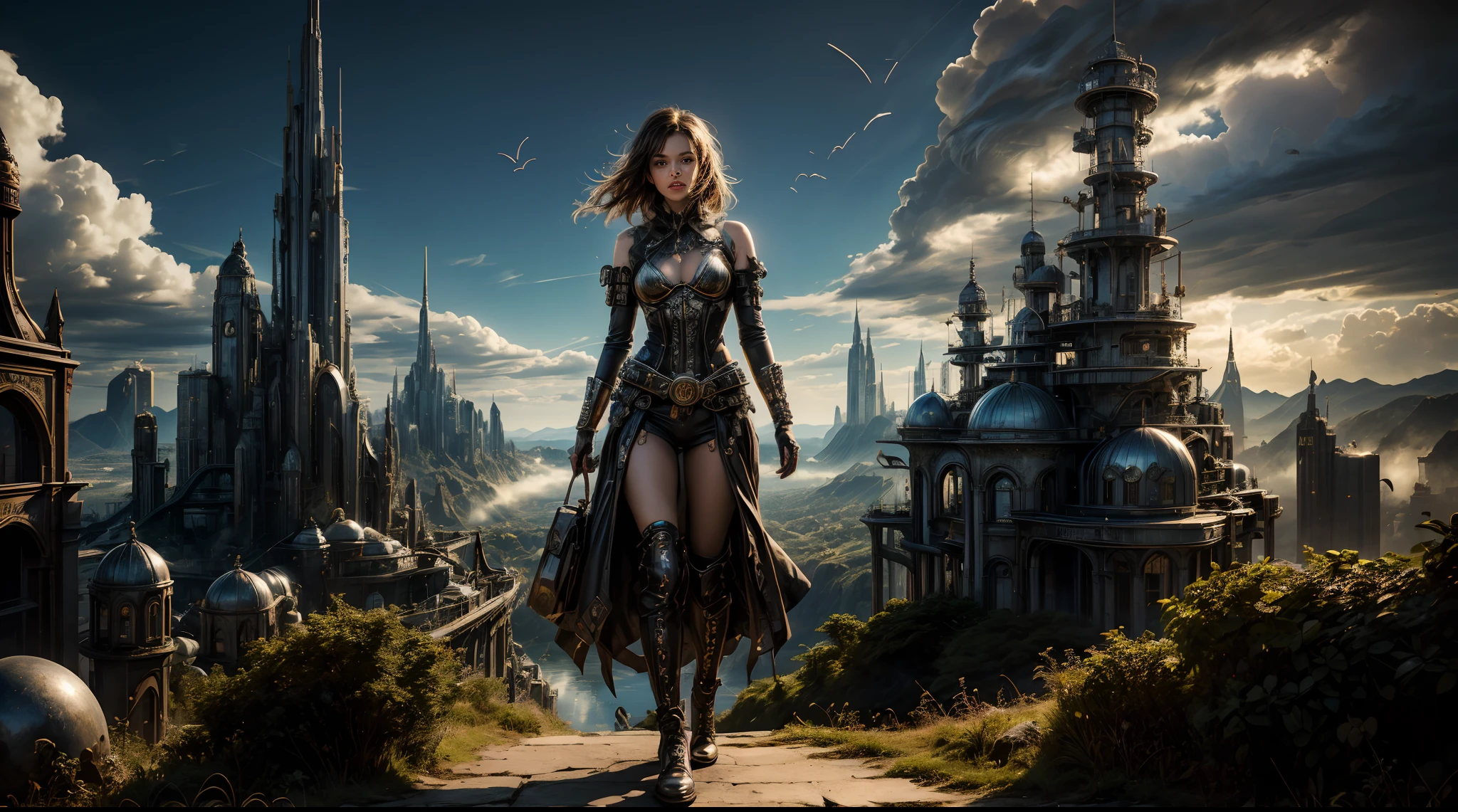 Ultra Resolution, 8k , HDR, Ultra sharp,((top-quality)), ((masterpiece)), ((realisitic)), (detailed), Reflective,there is a woman in a steam punk outfit posing for a picture, (cowboy shot: 1.2), steampunk fantasy style, steampunk girl, steampunk inventor girl, sci-fi steampunk, dieselpunk art style, steampunk pin-up girl, digital steampunk art, steam punk style, steam-punk, young girl in steampunk clothes, steampunk digital art, high quality steampunk art, steampunk