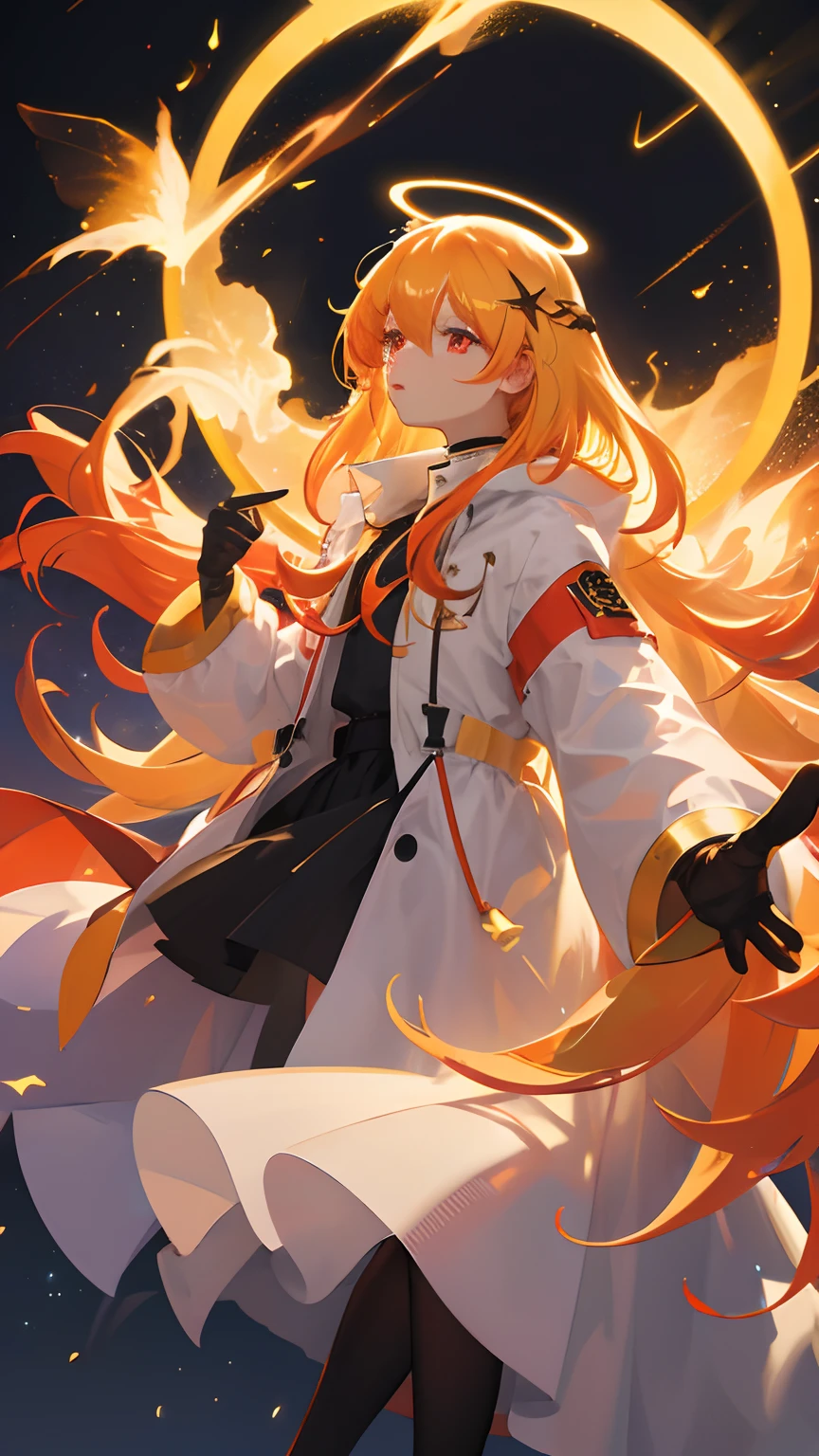 1girl, (golden hair:1.7), (red eyes:1.5), futuristic long white trench coat, White angel wings, Boluminous hair, Clothes with black details, small eyes, black skirt, Black choker, fringe, (Halo of light shot on the head:1.3), Masterpiece, Best quality, super detail, 16k, anatomically correct, (beautiful eyes:1.5), retina, (full moon:1.2), (shooting stars:0.9), (nebula:1.3), distant mountains, trees BREAK production art, (warm light source:1,2), (Fireflies:1,2), lamps, lots of purple and orange, intricate details, volumetric lighting BREAK (masterpiece:1.2), (best quality), 4K, very detailed, (dynamic composition:1.4), very detailed, colorful detail, (colorful color:1.2), (luminous lighting, atmospheric lighting), dreamy, magical, (Solo:1.2)