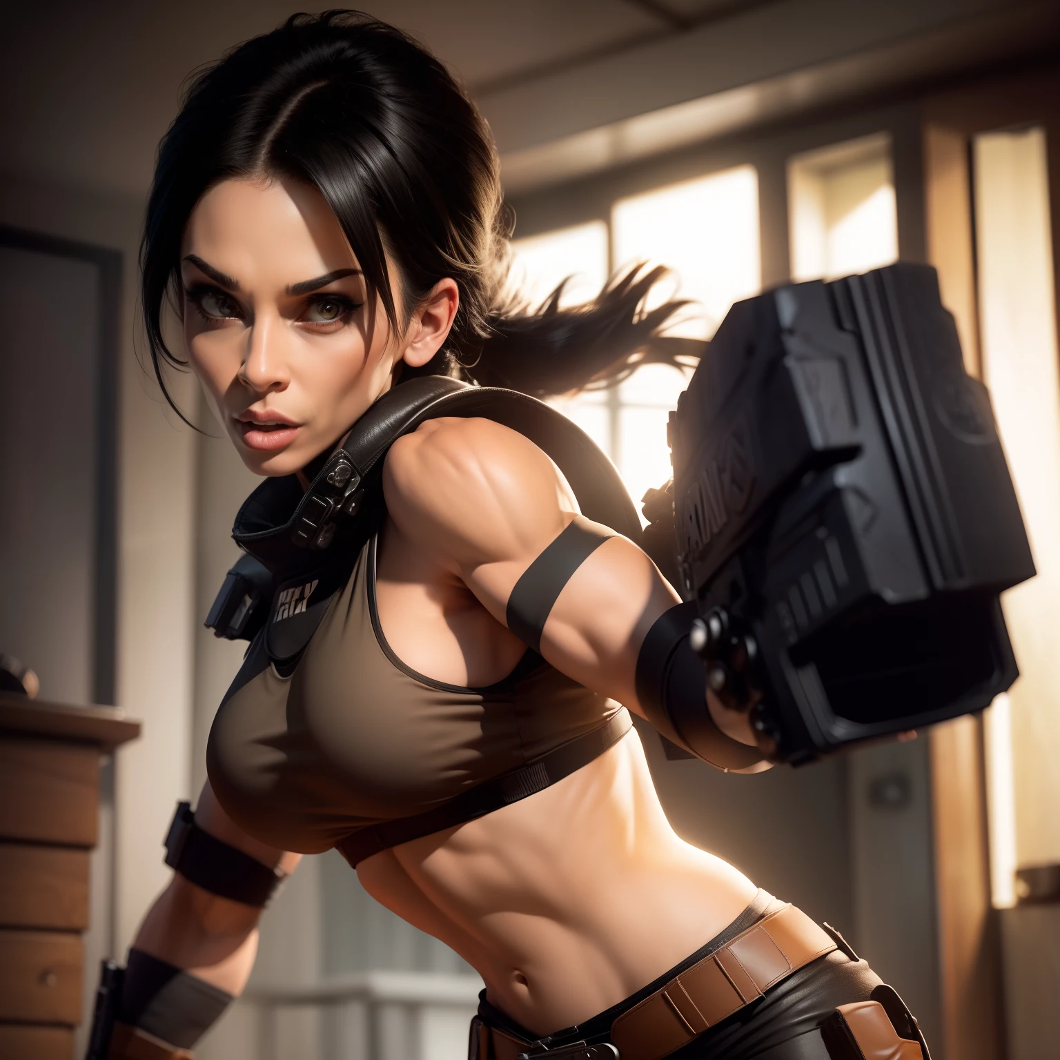 (High res, best quality, masterpiece) adult female katopunk, (solo female), 30 years old, harsh lighting 4k, dramatic lighting 4k, full body, athletic build, muscular, rugged look, serious expression, short black hair, brown eyes, (detailed eyes), chin strap, (holding, guns: pistols), bulletproof vest, ((white skull_chest)), ((gloves: black)), shirt: black, graphic T: skull, boots: brown,