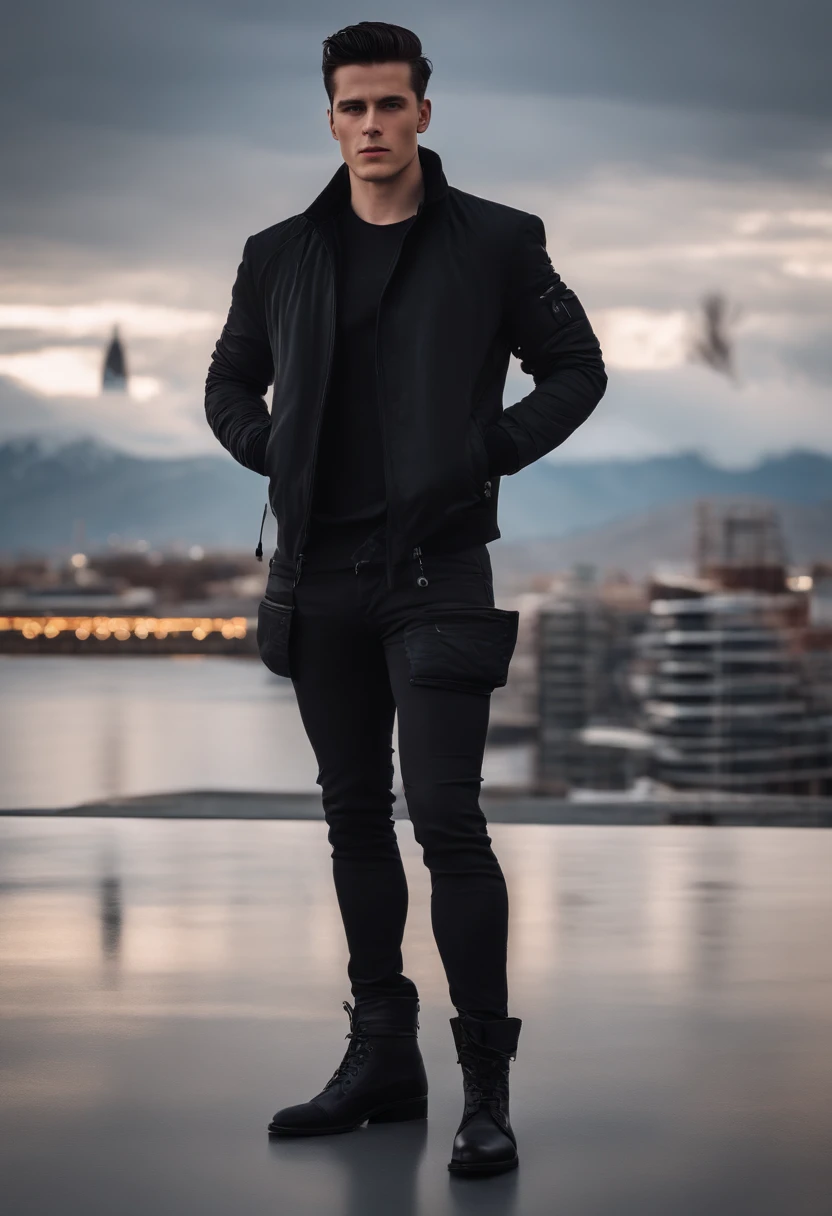 young, modern, white man, wearing black jacket and black pants, wearing boots, straight black hair, technology company landscape, cyberpunk, front camera, arms crossed