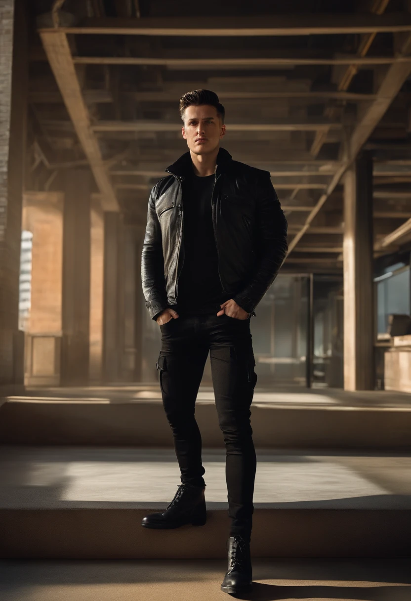young, modern, white man, wearing black jacket and black pants, wearing boots, straight black hair, technology company landscape, cyberpunk, front camera, arms crossed