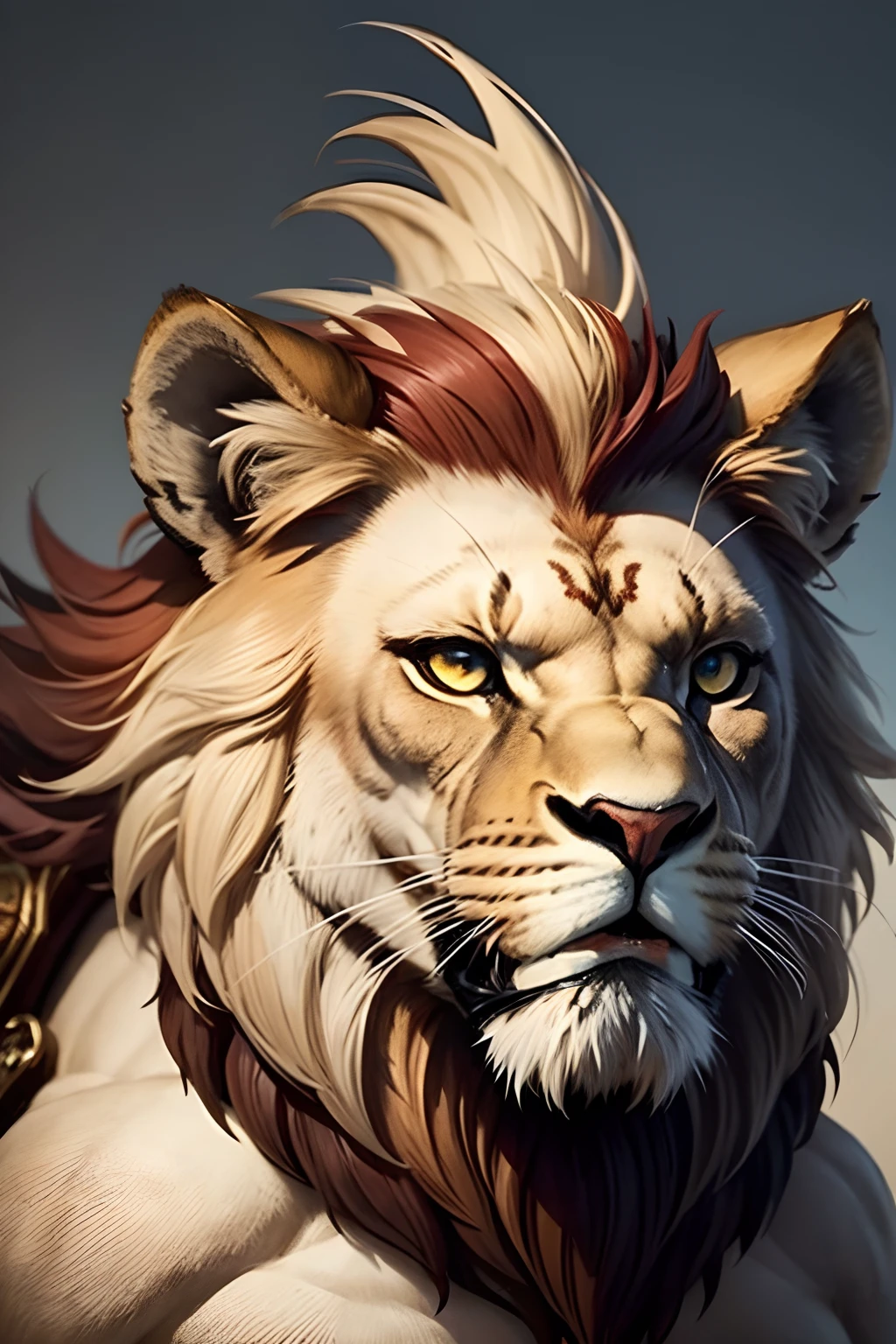 Wild lion head with kratos details, encarando, Borda Nova, design de adesivo, simples, ousado, Art Deco, vetor, graphic