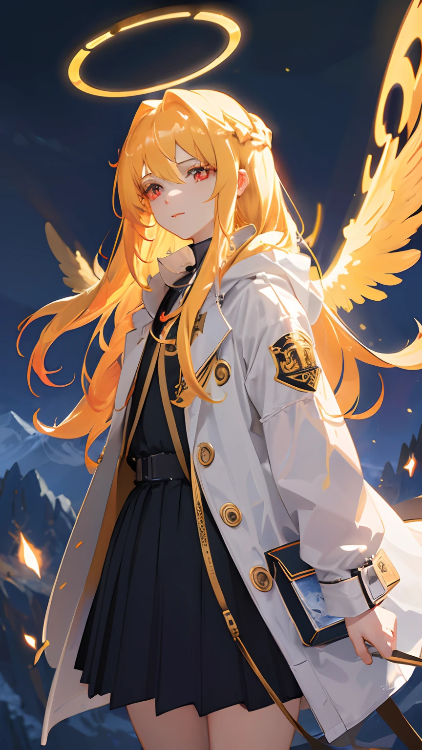 1girl, (golden hair:1.7), (red eyes:1.5), futuristic long white trench coat, White angel wings, Boluminous hair, Clothes with black details, small eyes, black skirt, Black choker, fringe, (Halo of light shot on the head:1.3), Masterpiece, Best quality, super detail, 16k, anatomically correct, (beautiful eyes:1.5), retina, (full moon:1.2), (shooting stars:0.9), (nebula:1.3), distant mountains, trees BREAK production art, (warm light source:1,2), (Fireflies:1,2), lamps, lots of purple and orange, intricate details, volumetric lighting BREAK (masterpiece:1.2), (best quality), 4K, very detailed, (dynamic composition:1.4), very detailed, colorful detail, (colorful color:1.2), (luminous lighting, atmospheric lighting), dreamy, magical, (Solo:1.2)