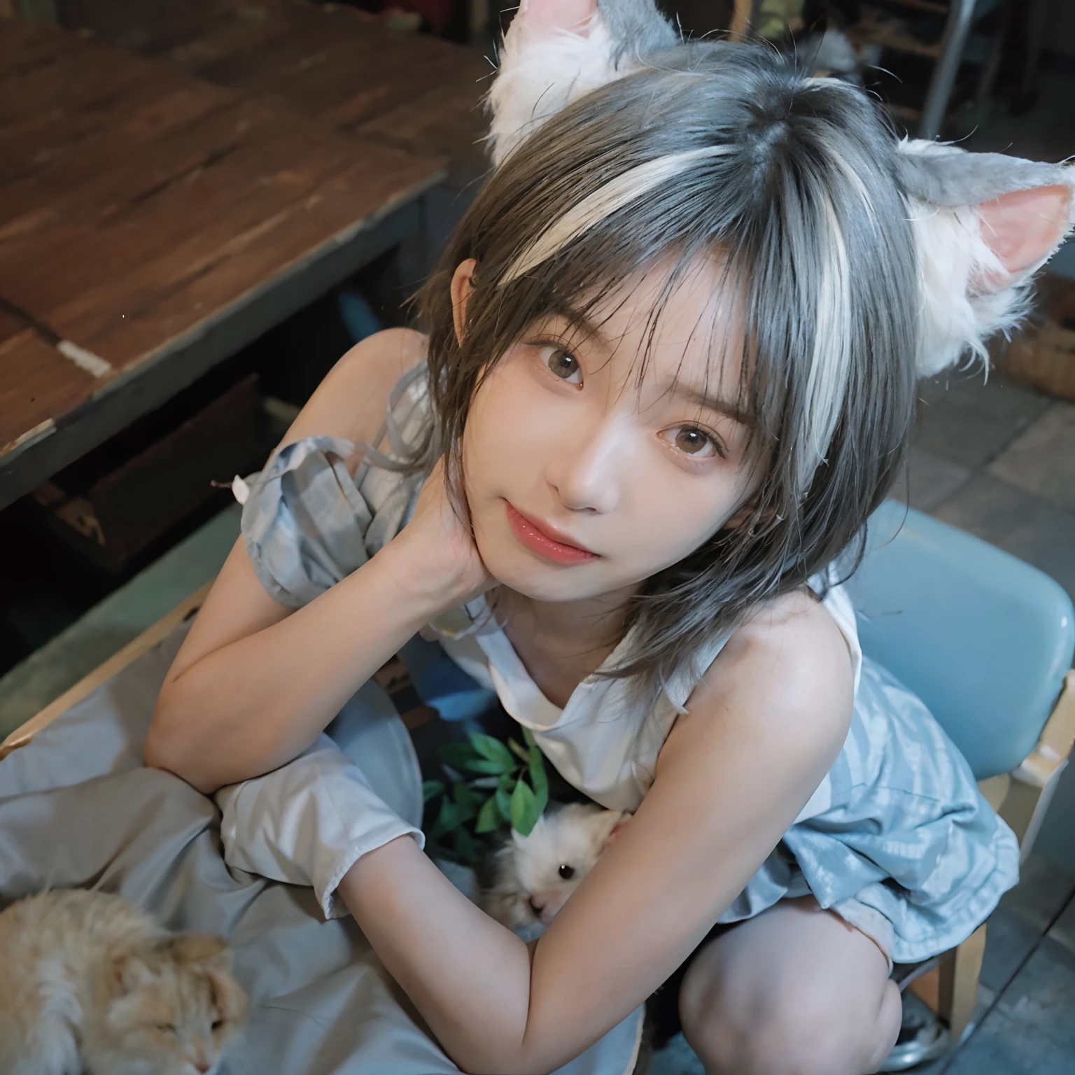 8K,NSFW、Classroom、(whitish hair) 、undersized head、White hair、Best Quality, masutepiece, Ultra High Resolution, (Realism: 1.4), Original photo, Colors inspired by blue、(True skin texture: 1.3), (Film grain: 1.3), Beautiful eyes and face details, masutepiece, Best Quality, close up, Full body, Look at the viewer,Blue Ribbon、Bob cut with gray hair、18year old、White cat ears