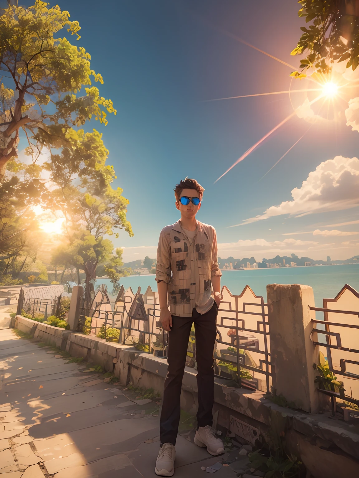 Change background chybeerpunk anime boy , realistic face , 8k , ultra realistic , sun glass