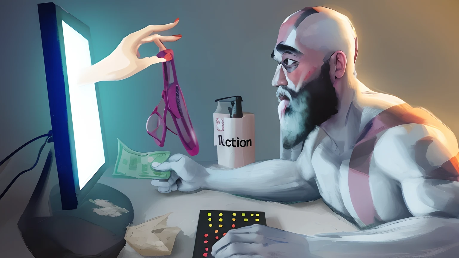 pintura dethomas shelby com barba e barba sentado em um computador, digital illustation, inspirado em Hovsep Pushman, digital illustration -, stylized digital illustration, An illustraion, illustration!, clubes de strip cyberpunk, digital illustation, digital illustation, Loish |, Directed by: Adam Marczyński, Artistic illustration, matte digital illustration