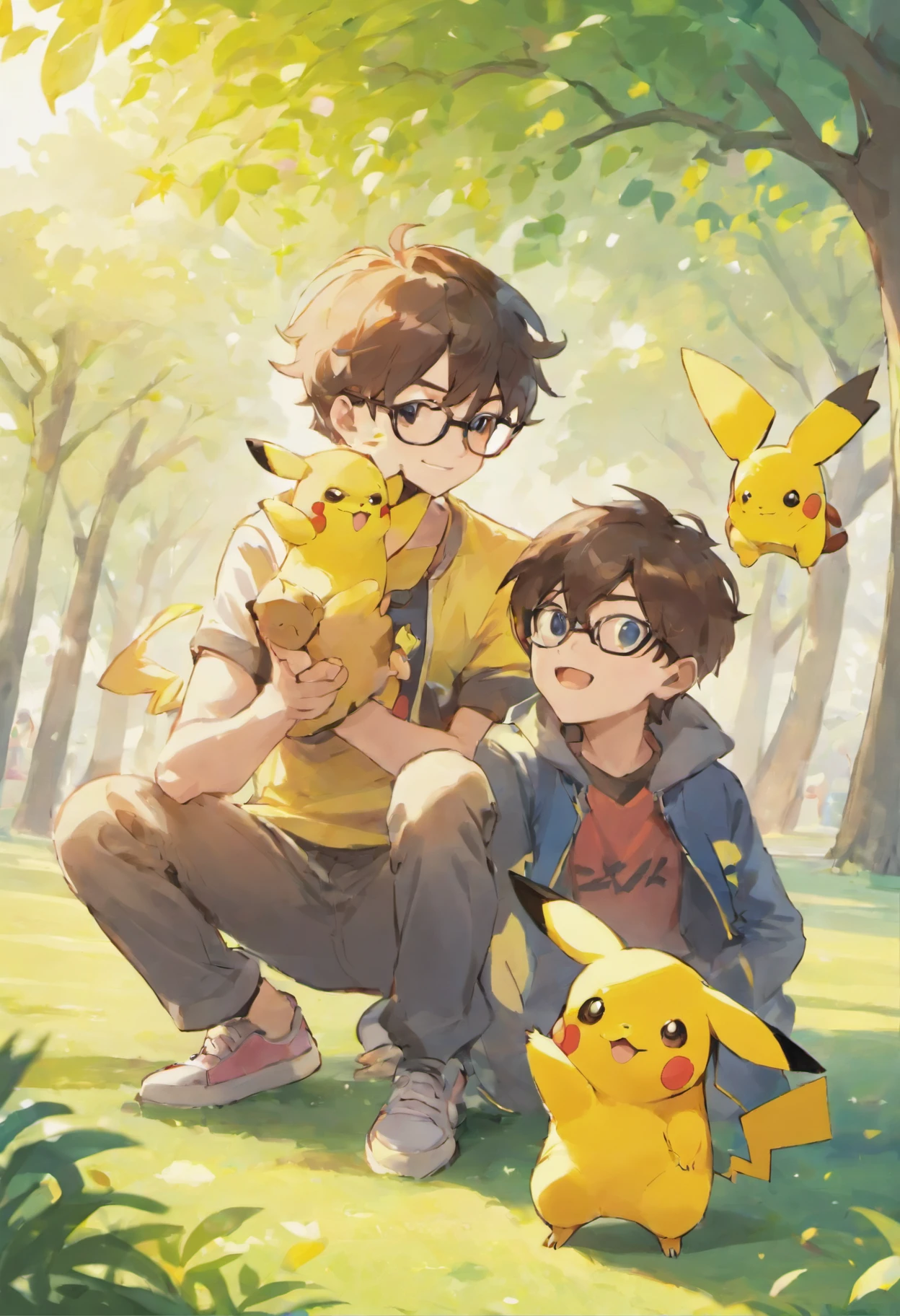Homem moreno, 1 8 years wearing glasses playing with his friend and Pikachu in the park