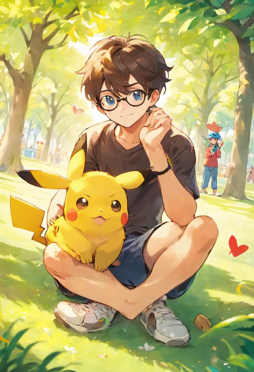 Homem moreno, 1 8 years wearing glasses playing with friend Pikachu and in the park