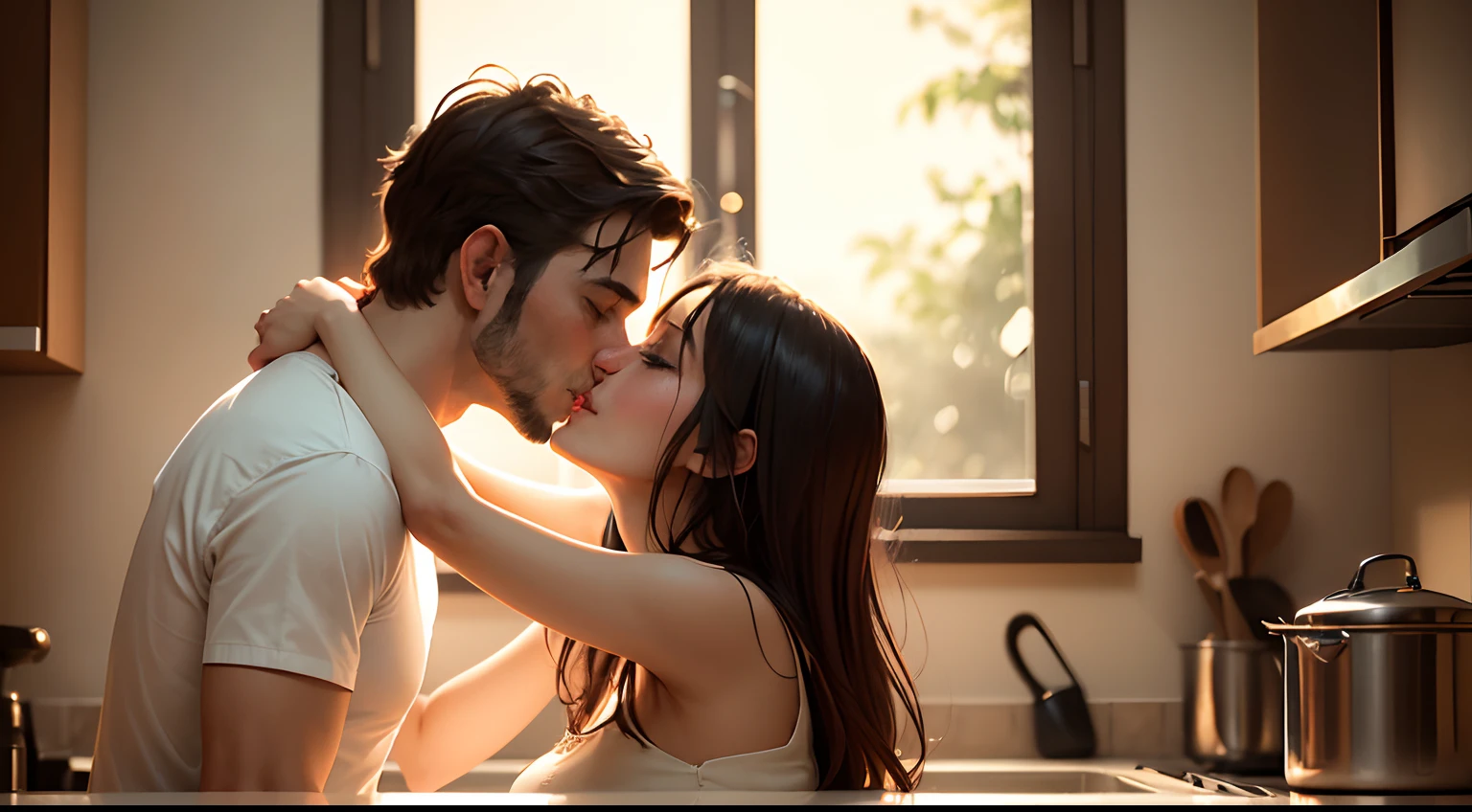 (A man and a woman kissing passionately),(cocina,Zona de cocina),(perfil),(oils),Altas Resoluciones,(realista:1.37),(warm tones),(Soft lighting),detalles de sus labios,Emociones,Elementos de fondo