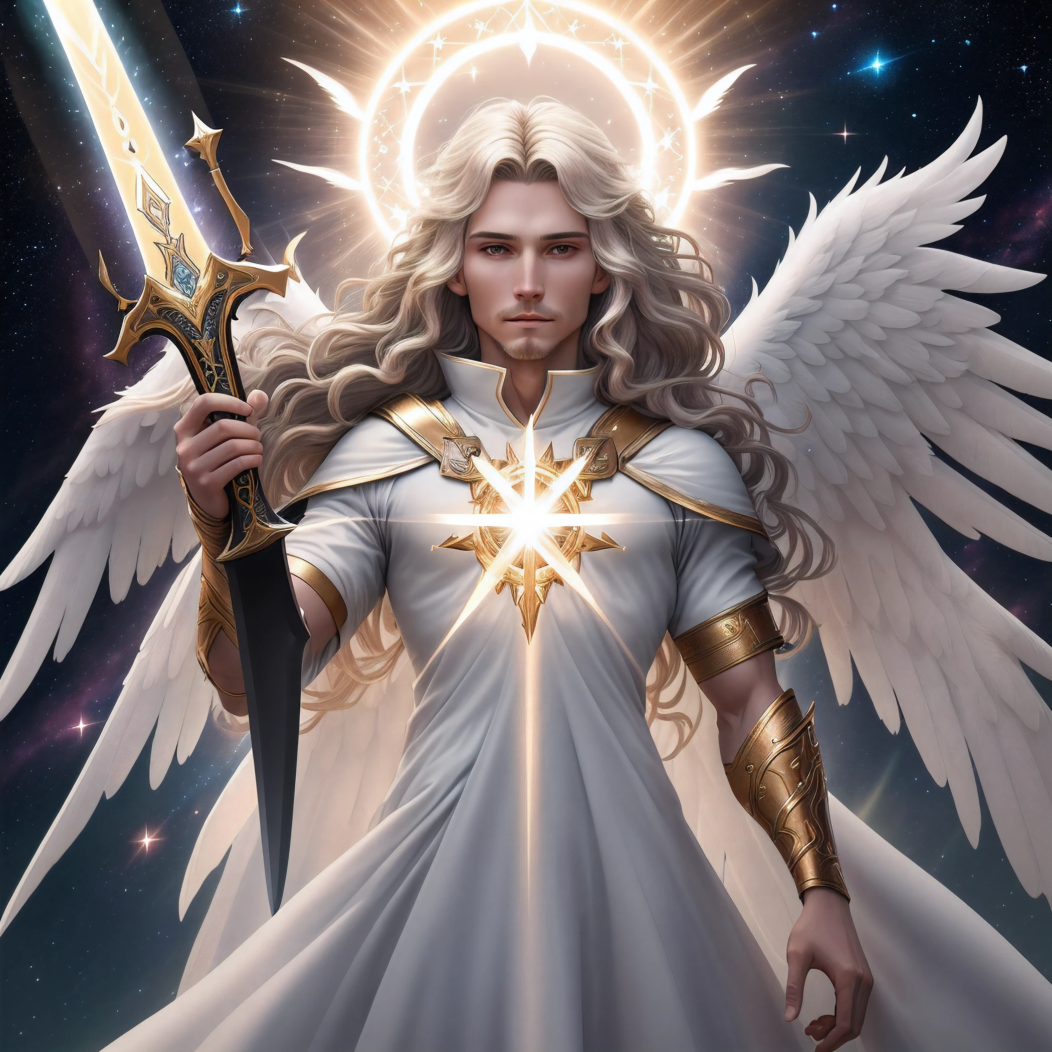 Angel made of light, various colors, sword in hand, 8k quality, cinematic focus, celestial backgroundangels human appearance, angelic, selestial, full body, beautiful, spiritual being, benevolent, with an aura on the head, sorindo, with radiant energy, archangel miguel style, galactic confederation, high quality, ultra-realistic, professional photography, human, master piece, clothing covering the whole body, perfect body, nothing duplicated, a single sword in his right hand