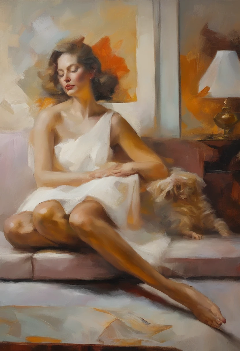 A painting of a woman with her eyes closed, dog sleeping next to her, 1930s ((golden ratio}} laying on the sofa after a long night on the town, a sensual painting, a Beautiful expressive painting, Wadim Kashin. Ultra photo realism, Louise Ross, digital painting art, Perceptual digital painting, Stylish digital painting, Bonito painting, glossy digital painting, beautiful digital painting, digital art painting, Fine paintings, ((Rod acrylic paint)).