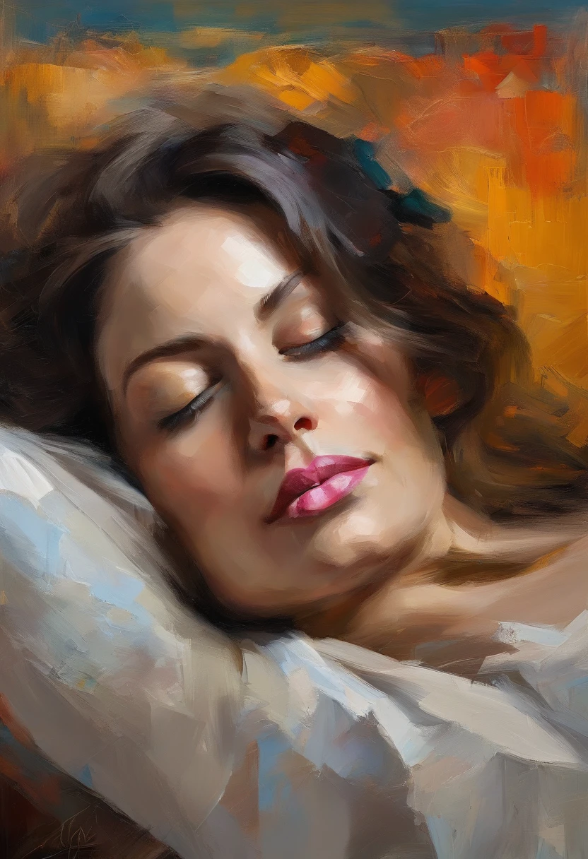 A painting of a woman with her eyes closed, ((golden ratio}} laying on the sofa after a long night on the town, a sensual painting, a Beautiful expressive painting, Wadim Kashin. Ultra photo realism, Louise Ross, digital painting art, Perceptual digital painting, Stylish digital painting, Bonito painting, glossy digital painting, beautiful digital painting, digital art painting, Fine paintings, ((Rod acrylic paint)).